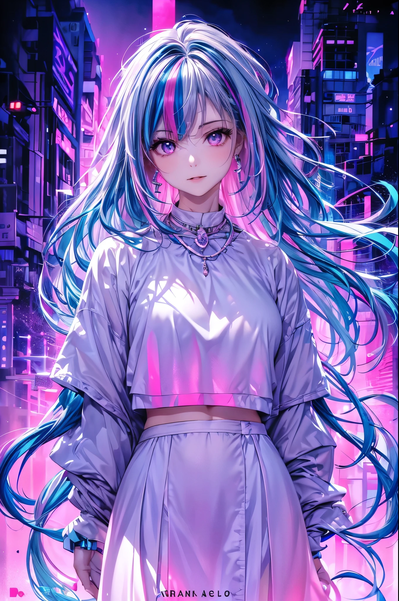 1 girl, 20 year old girl, one person, (Silver blue hair streaked pink purple:1.4), (Gradient sky blue hair ends:1.6), hair strand, absurdly long hair, single sidelock, wavy hair, shiny hair, floating hair, (Illusion deep purple eyes), delicate eyes, aqua eyes, super high detailed eyes, long upper eyelashes, ((glowing eyes)), makeup, Focus on face, Very detailed facial, Pretty Face, Perfect breasts, hot body, (Delicate skin texture:1.2), break, White extra long skirt, Fashion Clothing, necklace, Technical clothing masterpiece, on the street, looking at the starry night sky, meteor, cyberpunk, detailed background, perfect layer cut, clean focus, (magazine:1.3), (cover-style:1.3), Octane Render, Tyndall effect, lifelike, Dark Studio, Side light, Two-color lighting, realism, chiaroscuro, (glowing light), sparkle, ray tracing, cinematic lighting, Futurism, motion blur, atmospheric perspective, Depth of Field, Bokeh, best quality, UHD, super detail, masterpiece, highres, ccurate, retina, anatomically correct