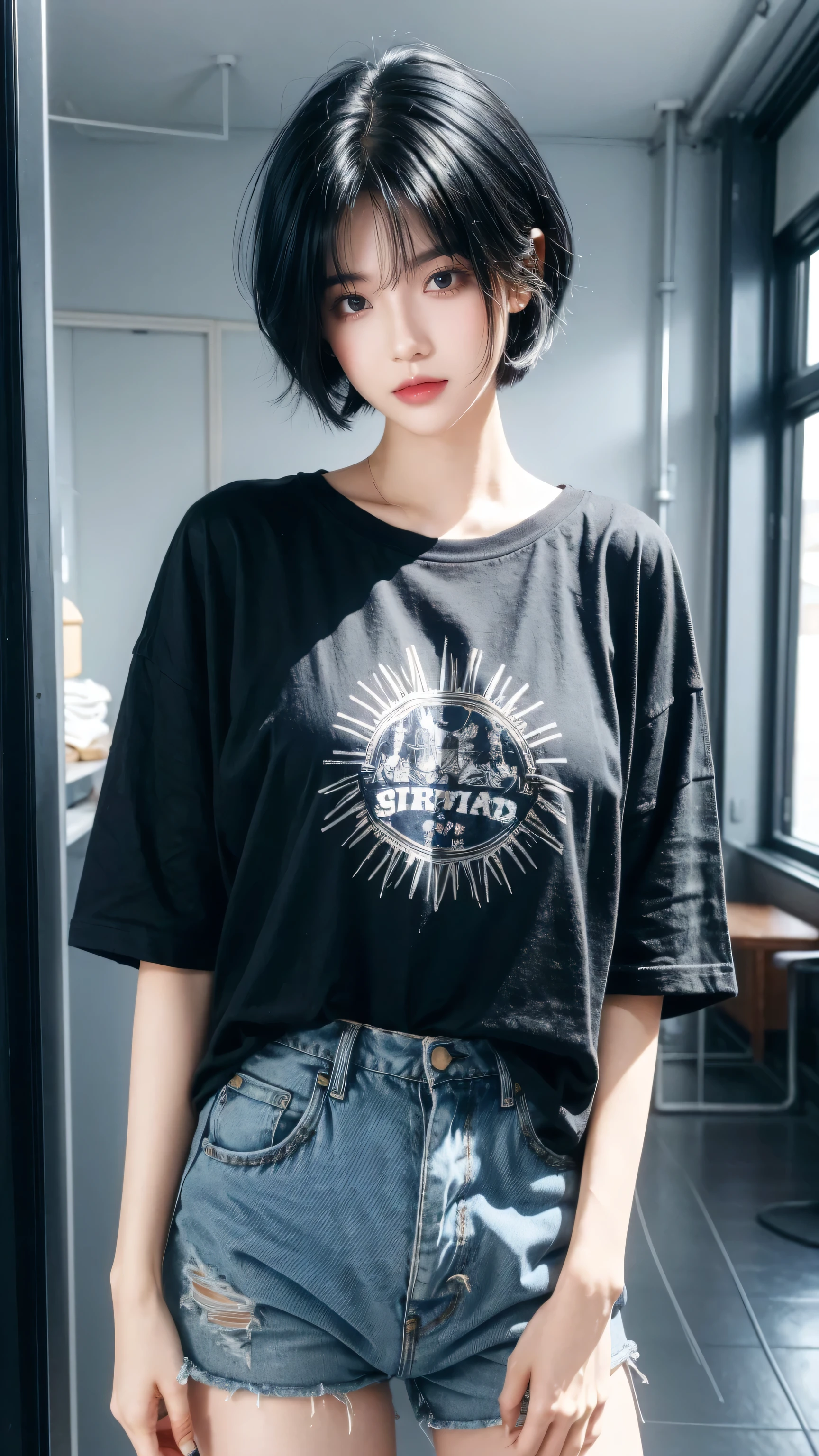best quality, 1 Girl, dark blue hair, black eyes, Very short hair, Spiky hair, oversize t-shirt , High waist short jeans, 171 cm, Messy hair, Hair between the eyes, Medium breasts, full, Tomboy, aldult, 20 years old, 1 Girl