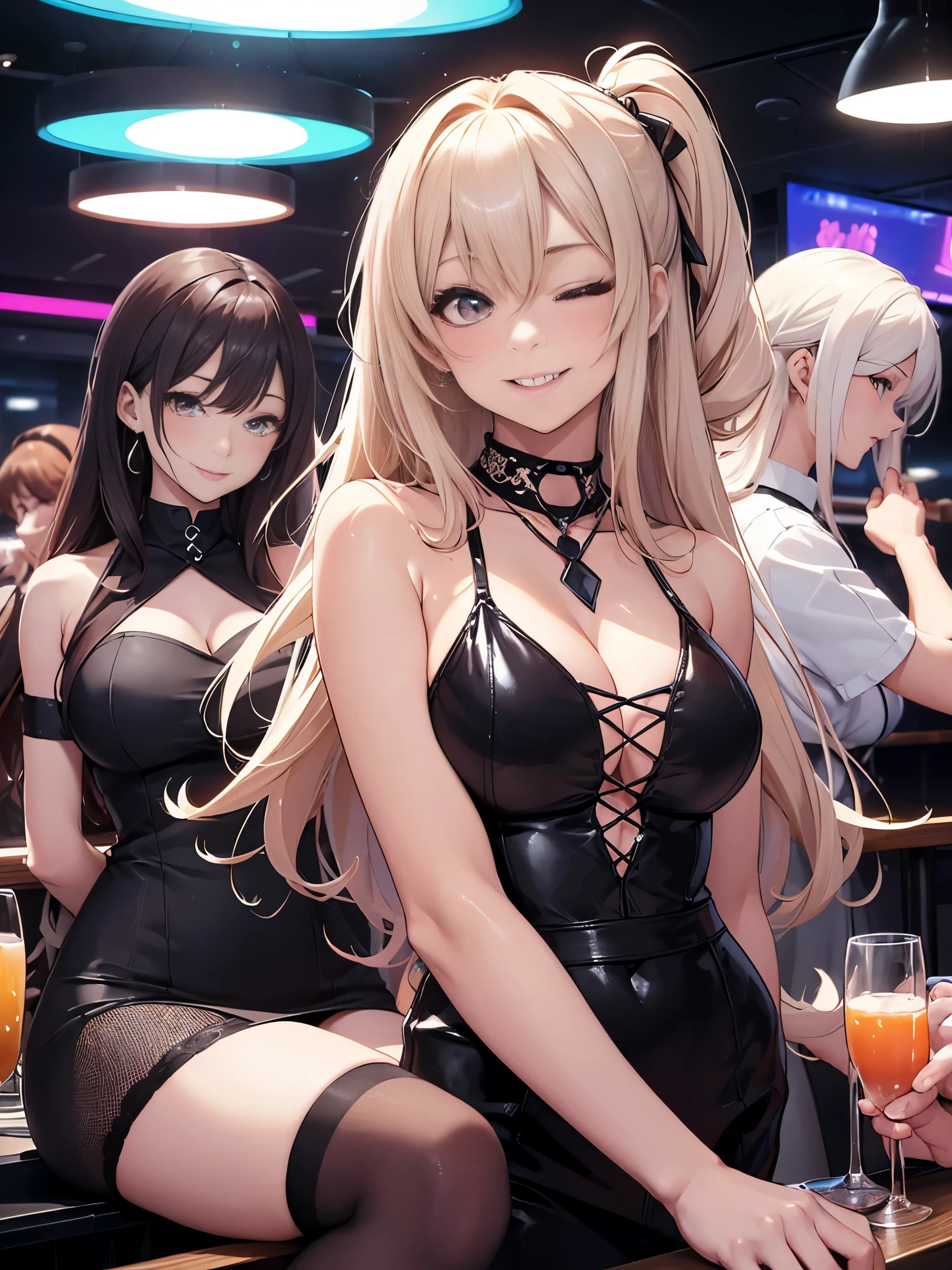 4 girls 、(sit side by side、krogyaru & shirogyaru:1.3, gyarx:1.2, Mischievous Smile), glad、Smiling、one eye closed、put out the tongue、、Tsundere、、(Akkanbe), Chilarism、(nightclub:1.5, nightclub lady:1.2, Nightlounge:1.2, lounge girls:1.3, neon Light and Dark)、Upper body portrait、drink alcohol、Drunkards、Fun atmosphere、sexy lady、