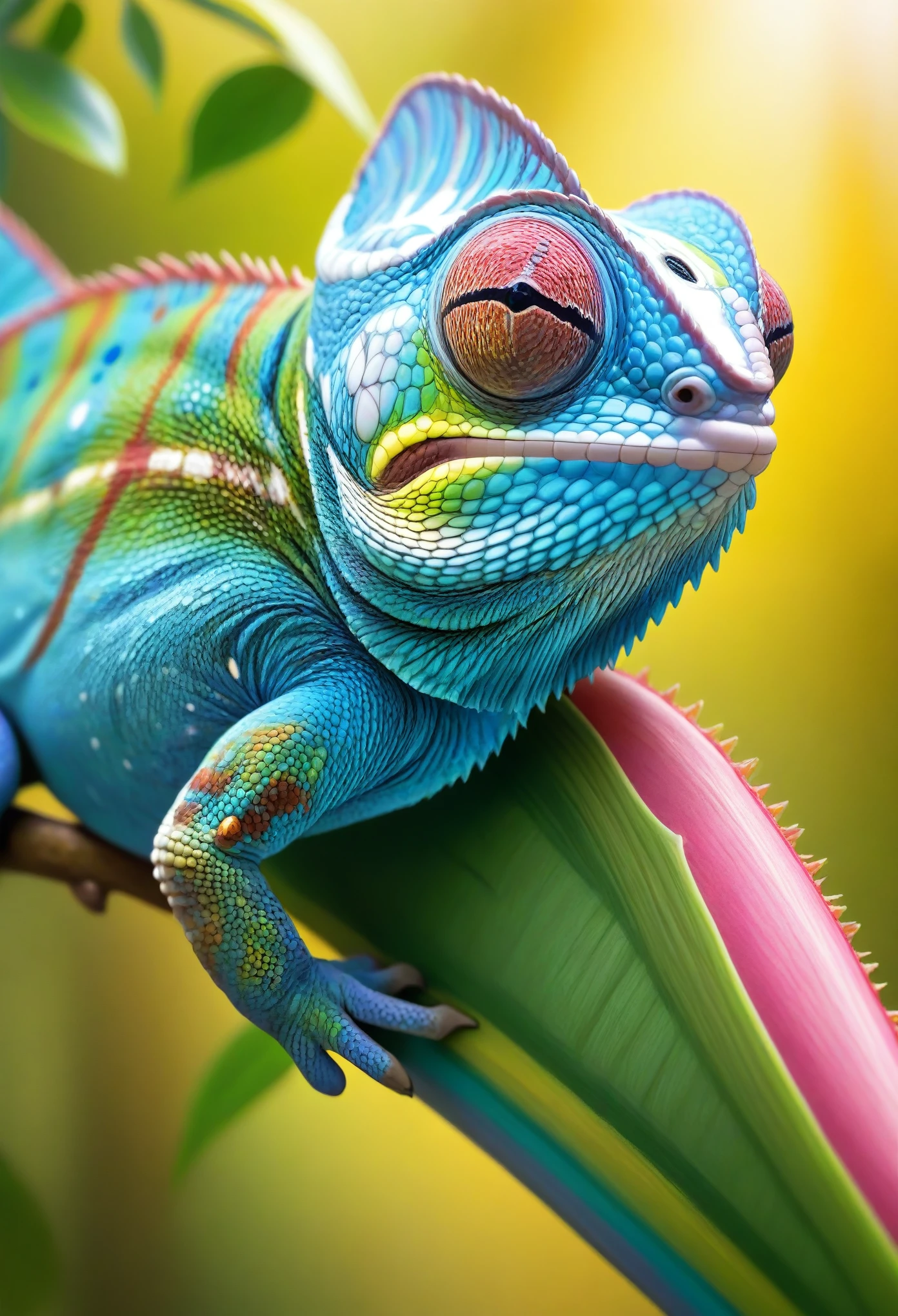(bright and vibrant colors:1.1), ultra-realistic details:1.2, (nature-inspired scenery), (soft lighting), detailed scales and texture, (sharp focus), vivid green surroundings, (macro photography:1.1), intricate patterns on the chameleon's skin, (smooth blending of colors), (golden hour lighting), (striking contrast between the chameleon and the fly), (dynamic composition), (high-resolution rendering), (masterpiece quality:1.2), (exquisite craftsmanship), (fine brushstrokes), (captivating realism:1.37), precise depiction of the chameleon's tongue and its movement, (impressive depth of field), (attention to minute details:1.1), (impeccable accuracy), (impressive showcase of nature's wonders).