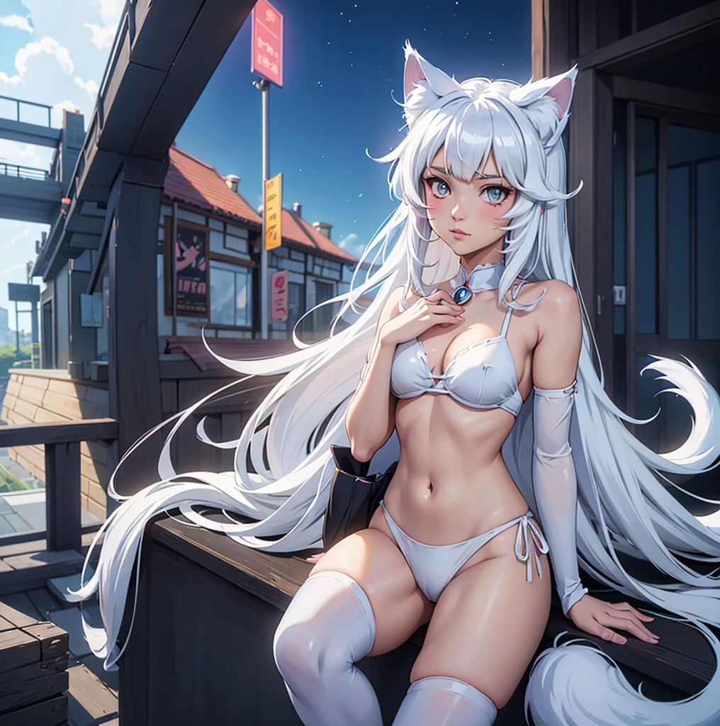 anime girl with cat ears and tail in a white bikini, neferpitou, holo is a wolf girl, anime catgirl, white cat girl, cute anime catgirl, seductive anime girl, beautiful anime catgirl, white - haired fox, holo if a wolf girl, wolf ears, attractive cat girl, nyaruko-san, anime moe artstyle