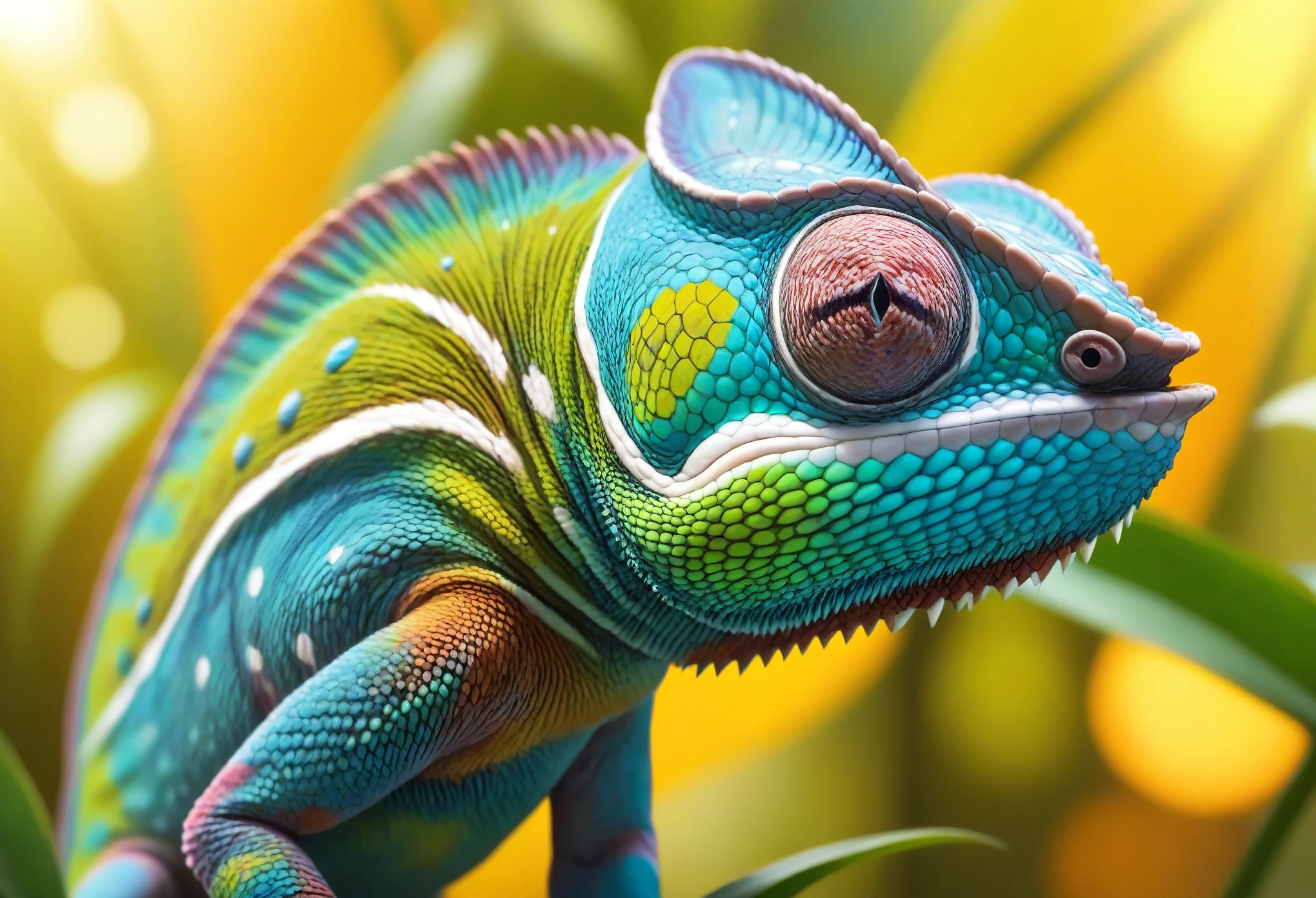 (bright and vibrant colors:1.1), ultra-realistic details:1.2, (nature-inspired scenery), (soft lighting), detailed scales and texture, (sharp focus), vivid green surroundings, (macro photography:1.1), intricate patterns on the chameleon's skin, (smooth blending of colors), (golden hour lighting), (striking contrast between the chameleon and the fly), (dynamic composition), (high-resolution rendering), (masterpiece quality:1.2), (exquisite craftsmanship), (fine brushstrokes), (captivating realism:1.37), precise depiction of the chameleon's tongue and its movement, (impressive depth of field), (attention to minute details:1.1), (impeccable accuracy), (impressive showcase of nature's wonders).