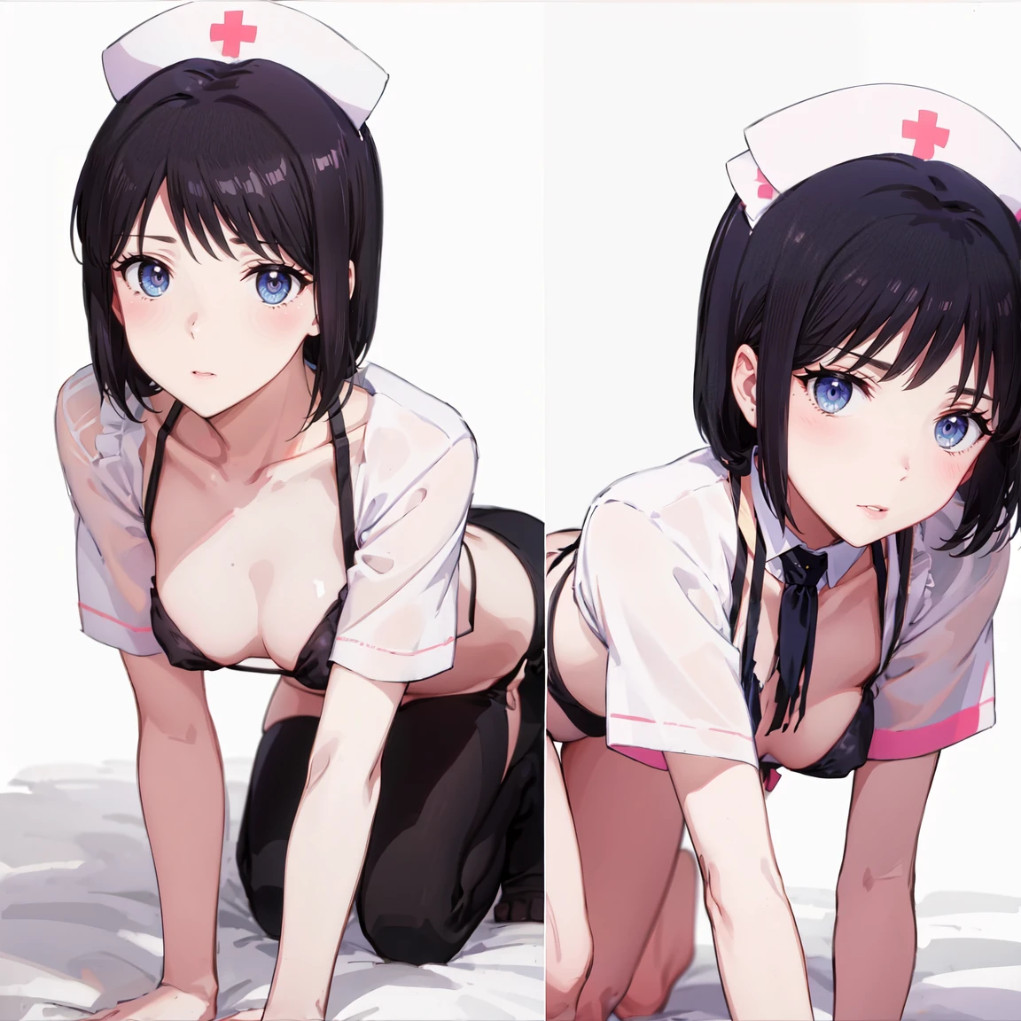 ((nurse、On all fours, from side、 multiple views)),((Glasses))、woman,Full body photo, ((white background. White bed in a love hotel))) Best image quality, high quality, The background is clear，きれいなwoman, Japanese, detailed, detailed eyes, detailed skin, Beautiful Skin, 超High resolution, (reality: 1.4),とても美しいwoman, A little younger face, Beautiful Skin, thin, (Ultra-photorealism), (High resolution), (8k), (非常にdetailed) (Beautiful and detailed eyes), (非常にdetailed), (detailed face), Displaying the viewer, Fine details, detailed face, Staring straight ahead, Staring straight ahead, Photo Real, Baby Face,Hairstyle: short hair,Brown Hair、smile,(((bikini ,breasts out,Bikini pants、)))(Gaunt, Skinny,)(((Gaunt, flat chest, ,)))(,))hair over one eye, from below,　(((nurse、On all fours ,from side, multiple views,)))