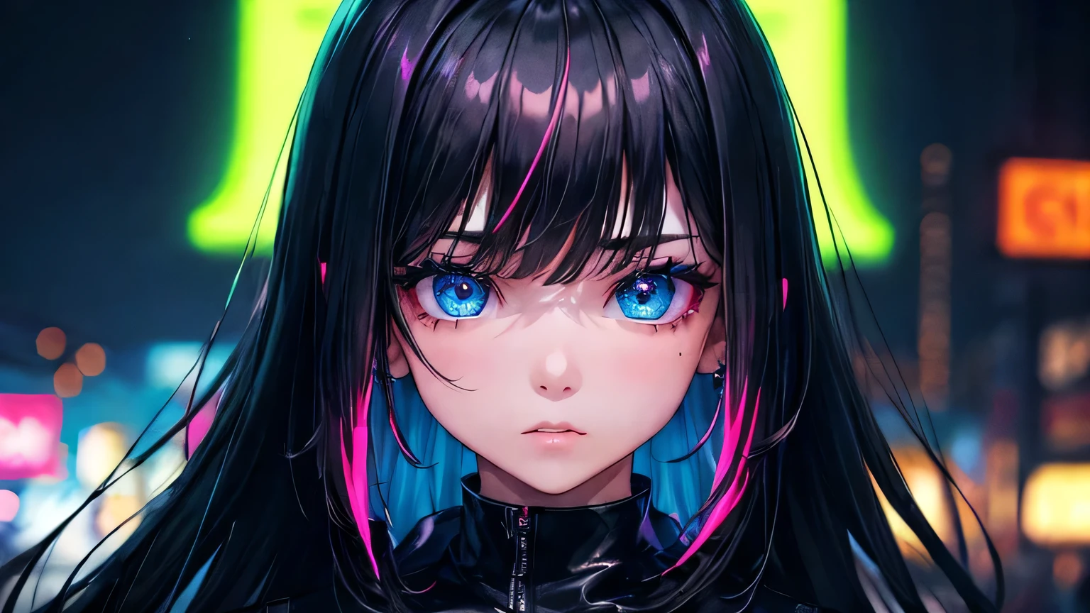 Girl in the neon city at night、Hip Hop Fashion、Plain black lightweight outfit、(Super Detail)、(8k)、((Modern Hip Hop))、(Neon Light)、(Neon Light)、(Esbian all over)、(Highly detailed face)、(Cold Face)、