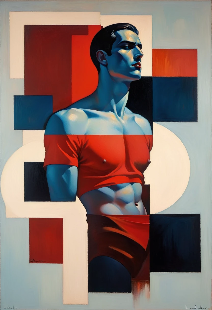 chiaroscuro technique on sensual illustration of an arafed man in white underwear, sexy masculine, diego fazio, male model, by Ludovit Fulla, model with attractive body, inspired by Ludovit Fulla, mid-shot of a hunky, the model draped in flowing, thick oil painting by Harumi Hironaka, extremely soft colors, vibrant, highly detailed, malcolm liepke painting, oil on canvas, high contrast, dramatic, refined, tonal, Create high contrast between light and shadow fire around, there is a red circle on a blue and red square, inspired by Bauhaus, in a shapes background, brown red blue, circle forms, red blue, by Leon Polk Smith, memphis abstract minimal art, graphic shapes, minimal art, blue and red, minimal art style, bauhaus art, inspired by El Lissitzky, bold simple shapes