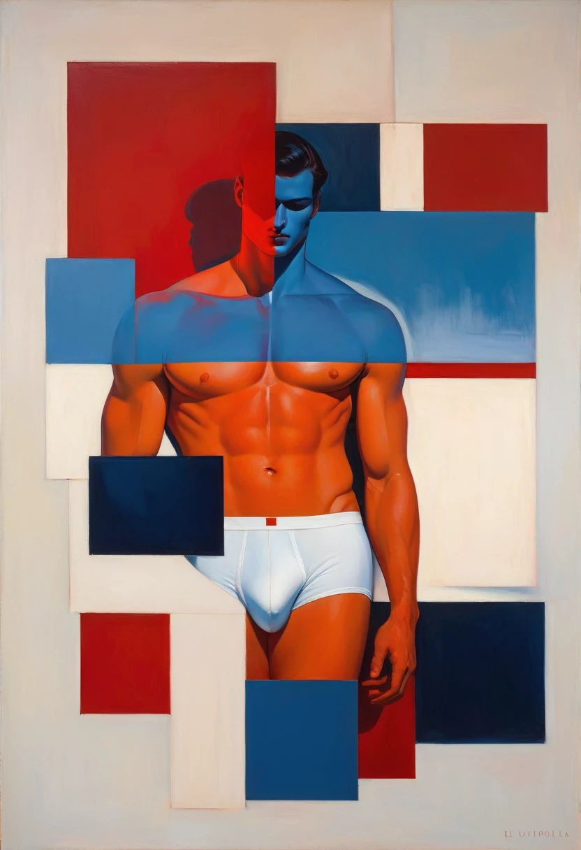chiaroscuro technique on sensual illustration of an arafed man in white underwear, sexy masculine, diego fazio, male model, by Ludovit Fulla, model with attractive body, inspired by Ludovit Fulla, mid-shot of a hunky, the model draped in flowing, thick oil painting by Harumi Hironaka, extremely soft colors, vibrant, highly detailed, malcolm liepke painting, oil on canvas, high contrast, dramatic, refined, tonal, Create high contrast between light and shadow fire around, there is a red circle on a blue and red square, inspired by Bauhaus, in a shapes background, brown red blue, circle forms, red blue, by Leon Polk Smith, memphis abstract minimal art, graphic shapes, minimal art, blue and red, minimal art style, bauhaus art, inspired by El Lissitzky, bold simple shapes
