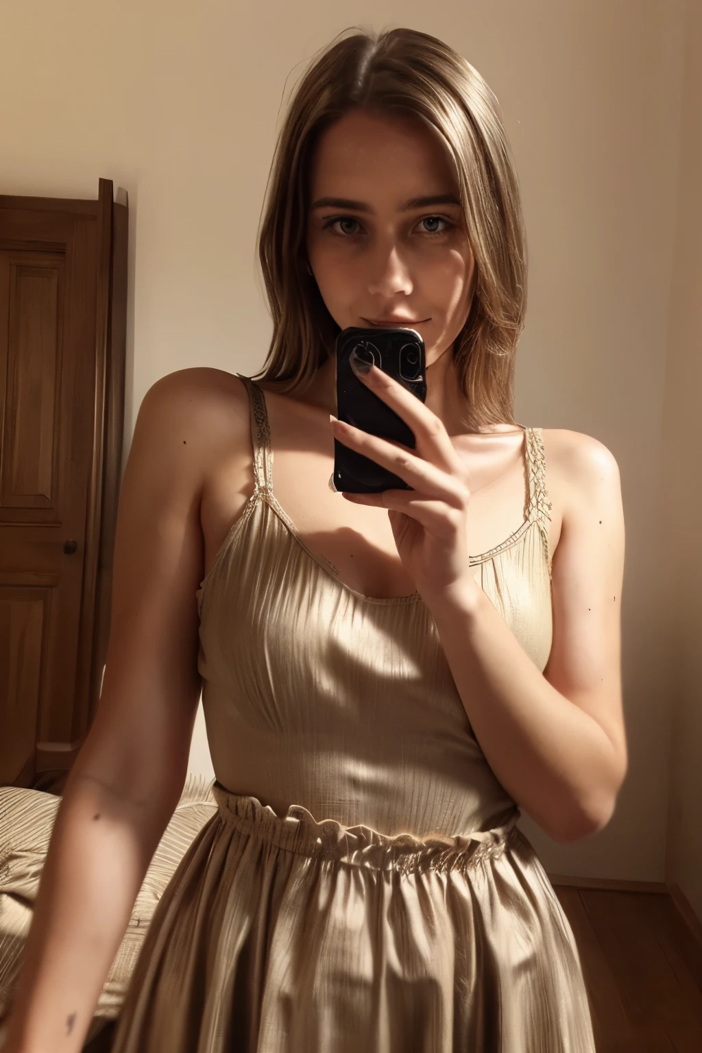 instagram photo selfie, 22 y.o woman, wearing ancient antique abandoned defective dress, beautiful face, perfect detailed eyes, natural skin, strawy hair, hard shadows, film grain, german girl named Claudia LaGermania, right arm reaching to camera (selfie), left hand holding a purple dildo