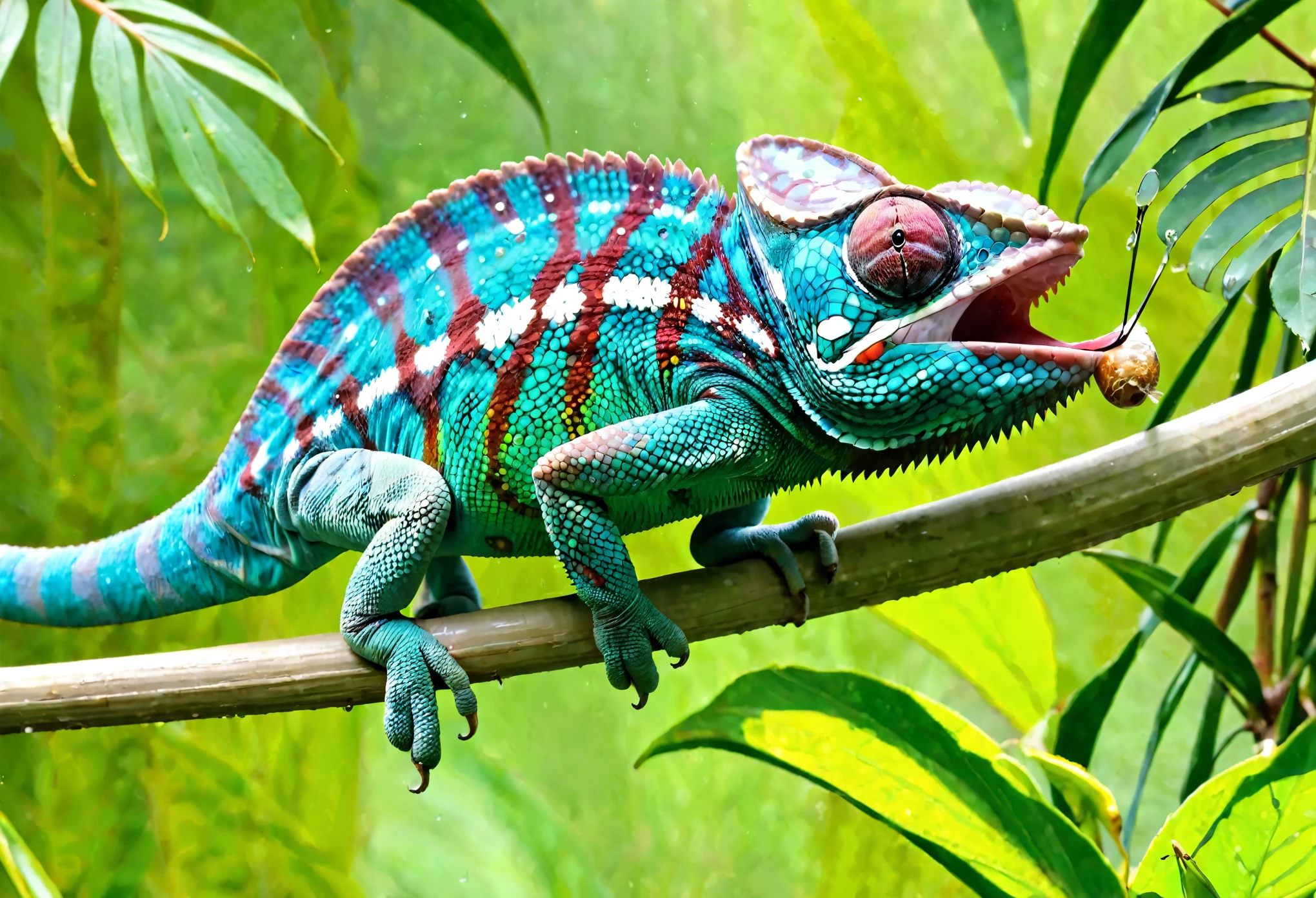 describe a chameleon with its tongue out at full length catching a fly, breathtaking uhd visuals,
