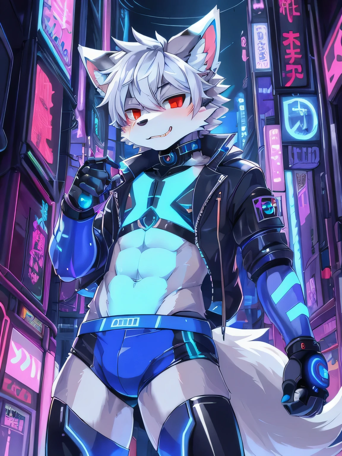 masterpiece, perfect anatomy, solo, 1boy, Furry, kemono, furry wolf, anthropomorphic, male, silver fur, silver skin, red eyes, femboy, cyberpunk clothes, revealing clothes, ((blue clothing)), cyberpunk city, strip club, uploaded on e621, Cyberpunk technology. cybernetics,
