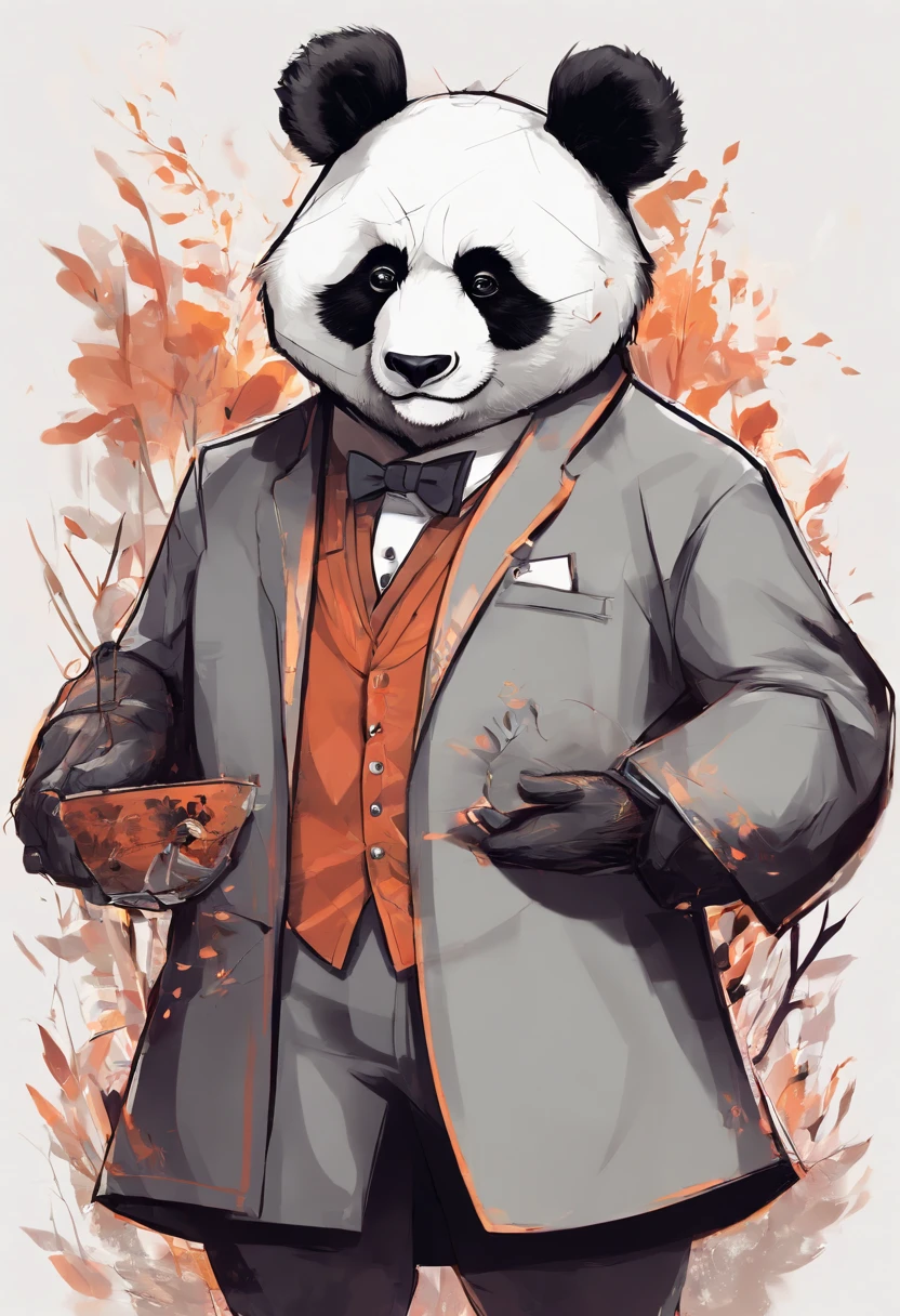 anthropomorphic panda, de cuerpo entero, vestido formalmente con un blazer, sostiene una bandeja, pegatina de panda, sticker de panda.