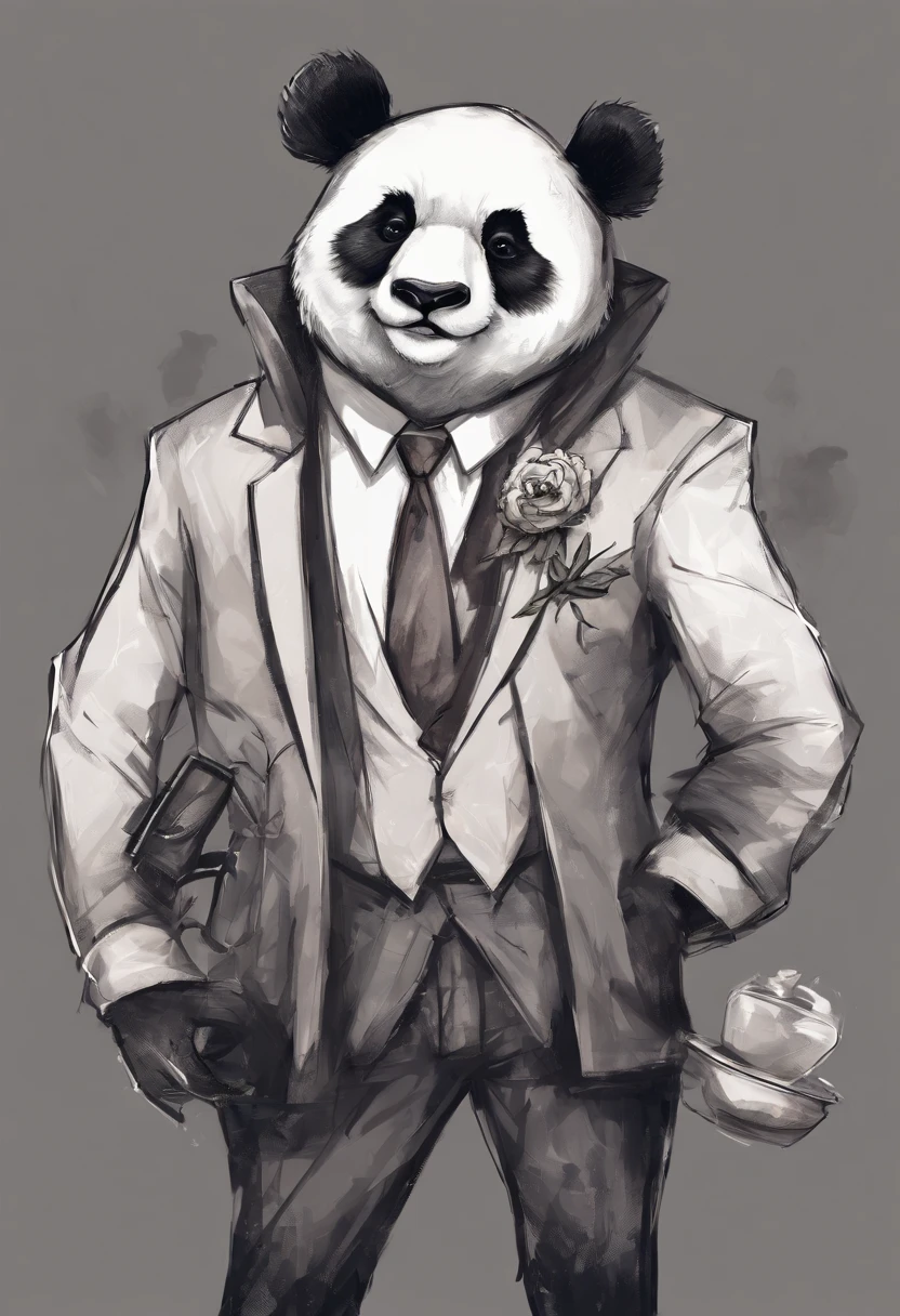 anthropomorphic panda, de cuerpo entero, vestido formalmente con un blazer, sostiene una bandeja, pegatina de panda, sticker de panda.