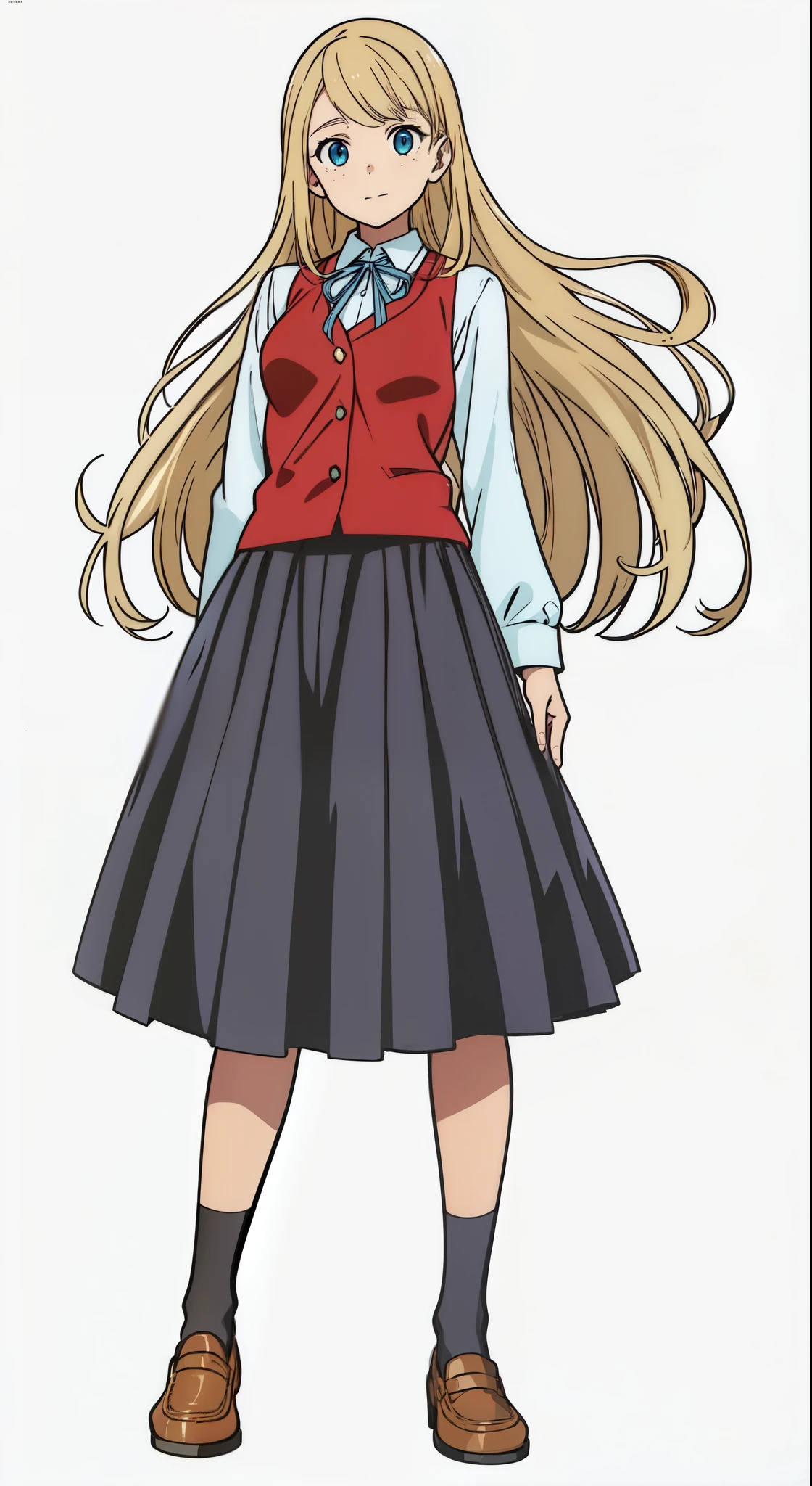 (white background:1.0), (best quality:1.0), (masterpiece:1.0), (super fine illustration:1.0), (beautiful artwork:1.0), (anime screencap:1.0), (official art:1.0), (solo:1.0), (european:1.0), (a 18yo cute girl:1.0), (long skirt:1.0), (black skirt:1.0), (pleated skirt:1.0), (red knit vest:1.0), (white long sleeve collared shirt:1.0), (blue neck ribbon:1.0), (loafers:1.0), (black socks:1.0), (ideal ratio body proportions:1.0), (lanky:1.0), (tall:1.0), (slender:1.0), (small breasts:1.0), (smaller face:1.0), (tareme:1.0), (freckles:1.0), (detailed beautiful eyes:1.0), (detailed beautiful face:1.0), (glowing blue eyes:1.0), (long hair:1.0), (swept bangs:1.0), (blonde hair:1.0), (standing:1.0), (looking at viewer:1.0)
