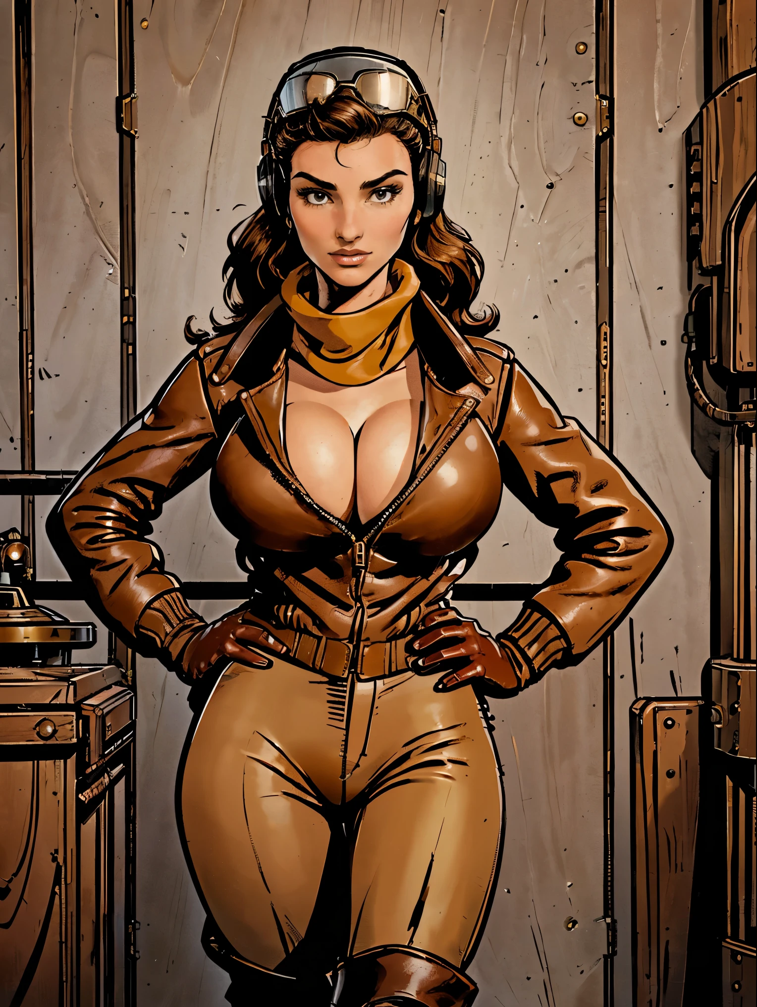 Gorgeous and sultry busty athletic brunette smiling with sharp facial features and a (large nose) and (huge boobs) wearing a 1930’s pilot costume (brown leather (bomber jacket), fleece lining, beige pants, boots, gloves, vintage headset, goggles, scarf) on a runway, prop plane