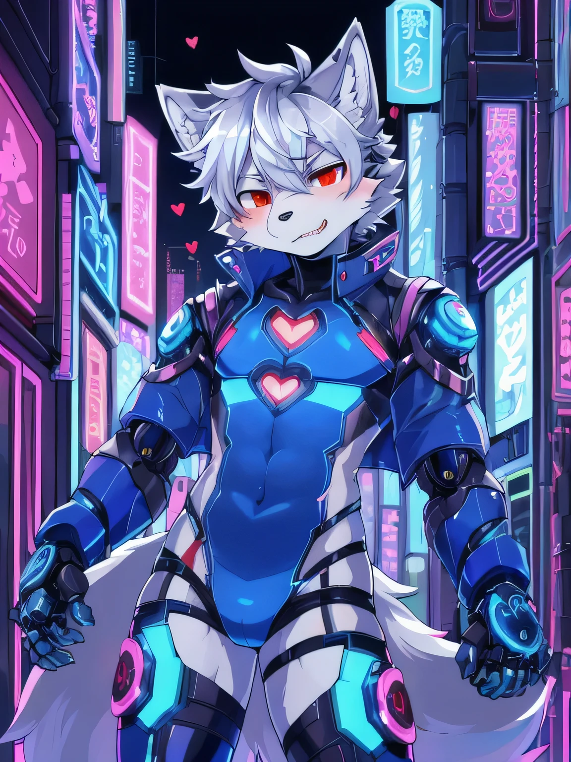 masterpiece, perfect anatomy, solo, 1boy, Furry, kemono, furry wolf, anthropomorphic, male, silver fur, silver skin, red eyes, femboy, cyberpunk clothes, revealing clothes, ((blue clothing)), cyberpunk city, strip club, uploaded on e621, Cyberpunk technology. cybernetics, Exposed damaged mechanical heart