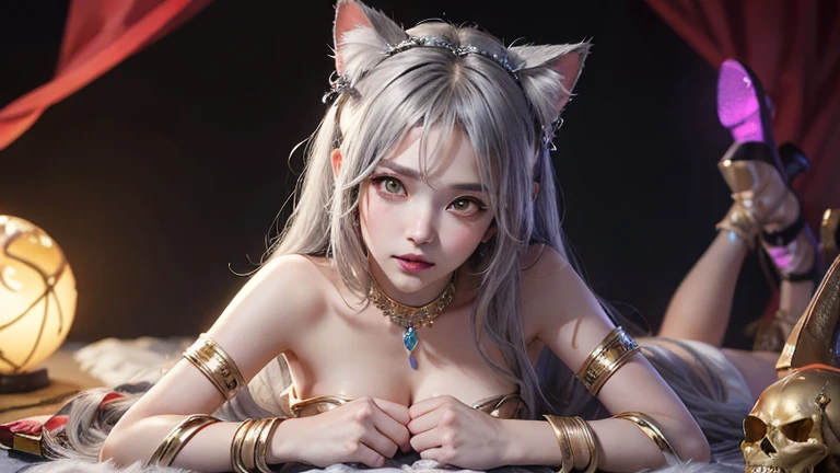 ((best quality)), ((masterpiece)), (detailed), woman with silver hair, Holding a sword, (Inspiration from Artgerm:1.2), (Pixiv competition winner:1.1), (Goddess of war:1.3), (violent art style:1.2), Close-up portrait, goddess skull, (Senna from League of Legends:1.1), , HD anime wallpaper, (Akali in League of Legends:1.1), 8k resolution masterpiece,Highest image quality,Beautiful bust of noble Cat ears,Cat ear,Cat Tail Exquisite Metallic Hairstyle,Clear golden eyes,A dazzling array of carefully crafted jewelry adorns chunky plush garments,long legs,Leather heels,极其detailed细节,advanced,Expose of love fluids,R-18G