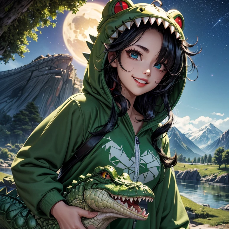 Masterpiece, best quality, 8K Wallpaper, HDR, octane rendering. A girl with (crocodile kigurumi:1.4), (open kigurumi:1.2), camp, mountains, trees, lake, starry night sky, beautiful detailed scenery, the girl has (Messy hair over one eye:1.5), (Black hair bright:1.4), (Beautiful and detailed face with perfect symmetry), (Beautiful and detailed green eyes:1.1), (red lips, open smile, teeth:1.2), (body with perfect anatomy, perfect natural texture, high details, glowing skin) cinematic lighting, vivid colors, detailed illustration, depth of field.