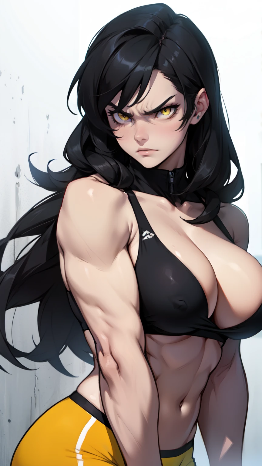 athletic build massive breasts pale skin black hair yellow eyes angry long hair