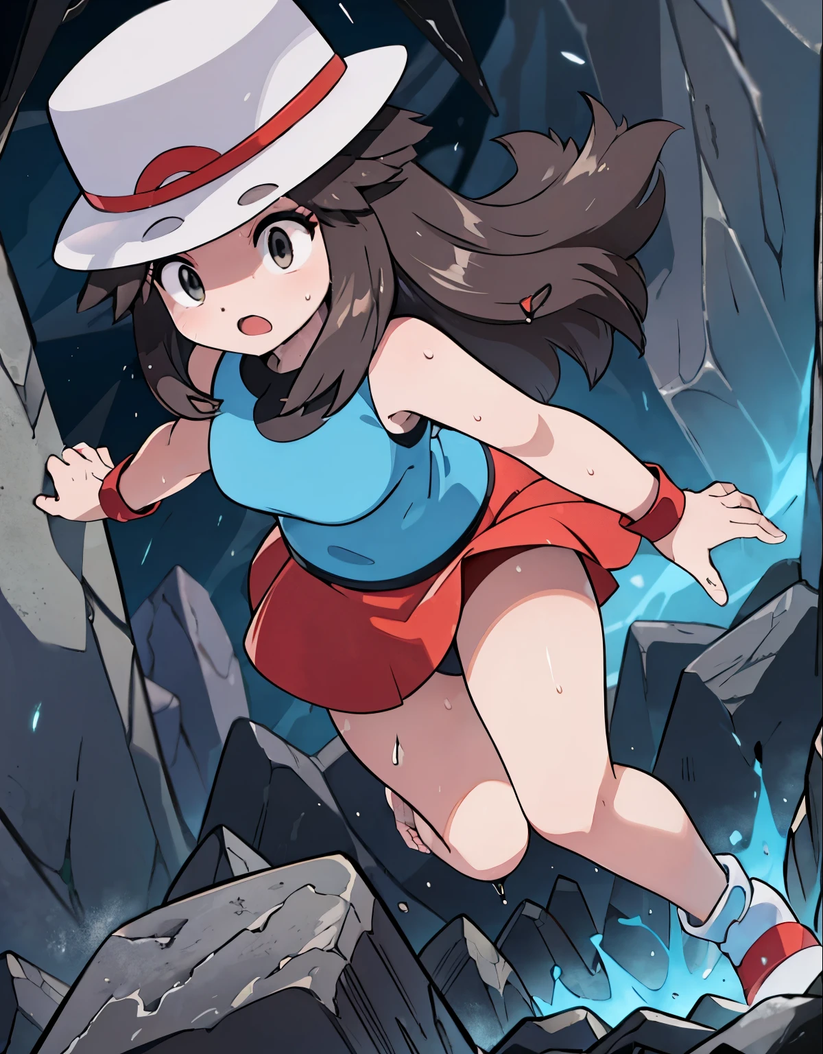 (best quality,4k,highres),(realistic:1.37),(dark,moody:0.9),(intense,high-contrast:1.1),(dramatic lighting,shadowysterious atmosphere), solo, lf, red skirt, blue shirt, sleeveless, white hat, upskirt, white panties, body shape, chubby thighs, thick thigh,(beautiful detailed eyes,long eyelashes:1.1),(filthy,clothing tearing),(sweat,heavy breathing),(trembling body),(urgent,panic-stricken),(desperate escape),(damp walls,rough texture),(massive boulder:1.2),(colorful fragments,flying in the air),(danger,disaster:1.1),(trapped,enclosed space),(fear,terror),(ominous presence),(echoing sound),(heart-pounding),(blurry motion effect),(narrow passage,limited visibility),(tension,suspense:1.1),(drenched in darkness),(dynamic composition),(determined expression),(uneven terrain),(moss-covered rocks),(fearful gaze),(eerie silence),(adventure,thriller),(sudden tilt,angled perspective),(crawling in shadows),(intense action),(arduous escape),(precise lighting),(subtle hint of hope),(adrenaline rush),(chasing scene),(glimpse of light at the end),(faint echoes),(emerging from darkness),(sudden relief),(strength,agility),(quick reflexes),(pulsating energy),(cave exploration),(skilled dodge),(flickering light),(intense pursuit),(breathtaking tension)