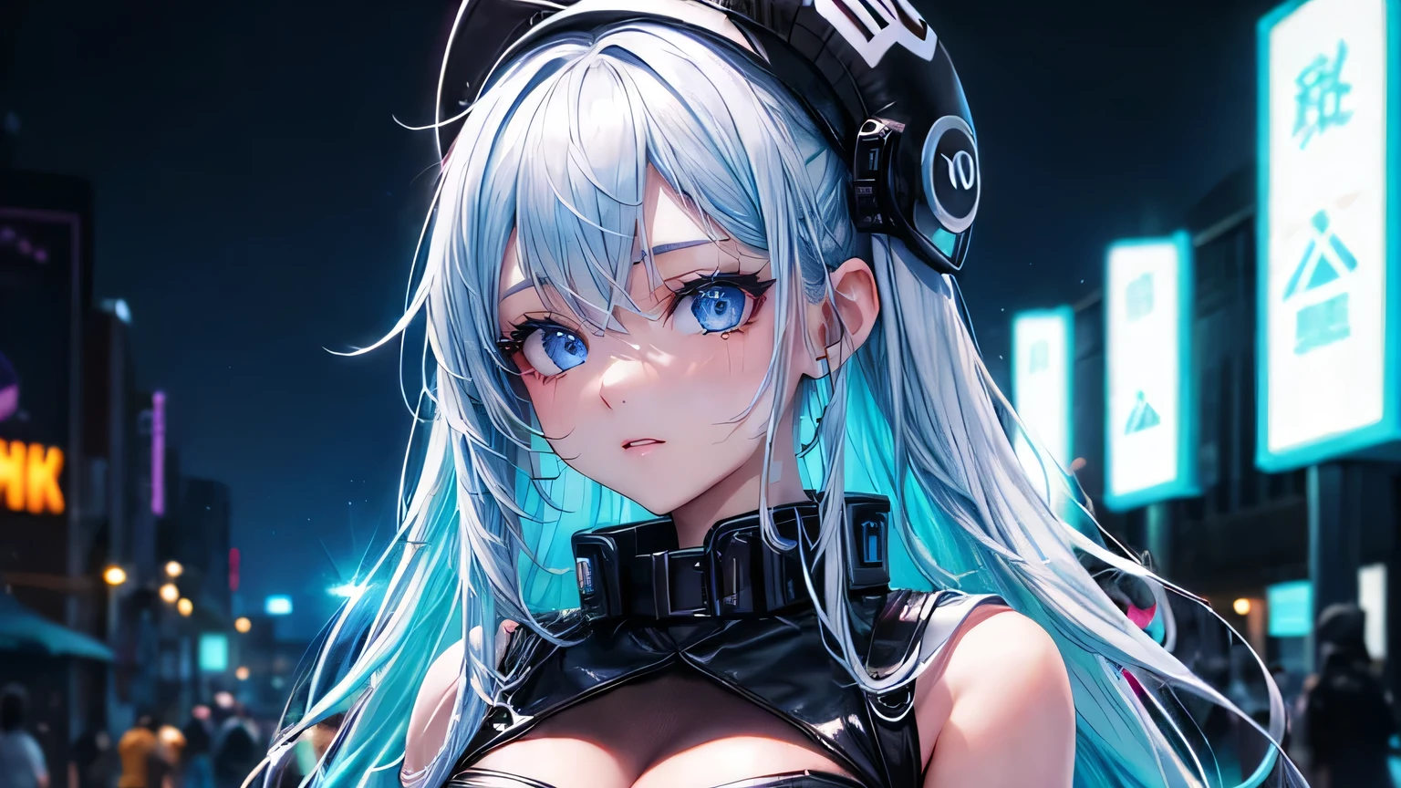 (masterpiece、Highest quality、Highest quality、Official Art、Beautiful and beautiful:1.2)、(One girl:1.3)Hatsune Miku、Twin tails,Beautiful breasts,(Highest quality, 4K, 8K, High resolution, masterpiece:1.2), Very detailed, Sci-fi close-up of a hairy woman in a helmet, ((Radio City, Rich changes in light)), Very complex and detailed expression, Science fiction fusion, bear girl, Cyberpunk Fashion, High Contrast, (((Expressing Chibi Kawaii:1.2))).