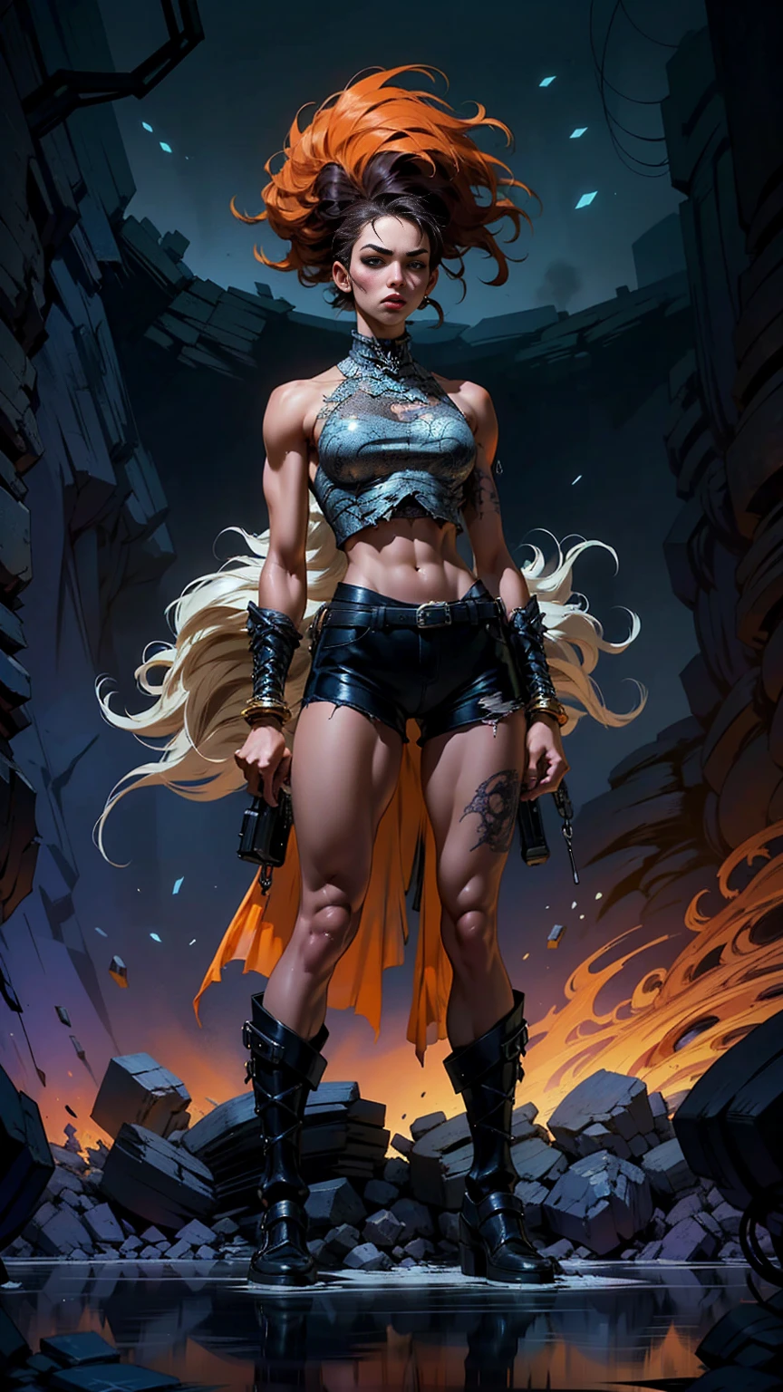 dark and torn, ****ung beautiful muscular body, fierce expression, holding a gun, (colors on her clothes, warm, orange, yellow, violet:1.3), standing on a desolate wasteland, dramatic lighting, intense shadows, sandy texture, tall contrast, vibrant colors, dynamic pose, powerful stance, rugged background, explosive atmosphere, dystopian theme, surreal elements, digitally painted illustration, HD resolution, intricate details, dramatic composition, avant-garde and chaotic brush strokes, gothic style, intense emotions, epic scale, raw and gritty feel, captivating and provocative artwork.