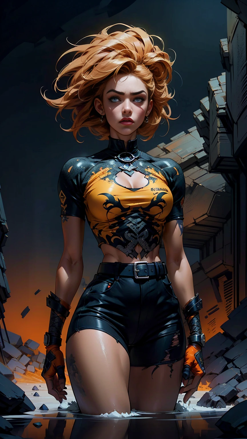 dark and torn, ****ung beautiful muscular body, fierce expression, holding a gun, (colors on her clothes, warm, orange, yellow, violet:1.3), standing on a desolate wasteland, dramatic lighting, intense shadows, sandy texture, tall contrast, vibrant colors, dynamic pose, powerful stance, rugged background, explosive atmosphere, dystopian theme, surreal elements, digitally painted illustration, HD resolution, intricate details, dramatic composition, avant-garde and chaotic brush strokes, gothic style, intense emotions, epic scale, raw and gritty feel, captivating and provocative artwork.