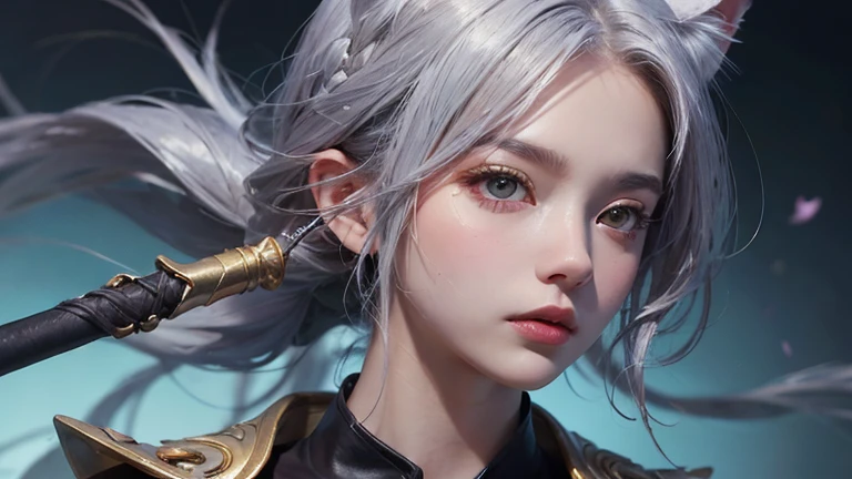 ((best quality)), ((masterpiece)), (detailed), woman with silver hair, Holding a sword, (Inspiration from Artgerm:1.2), (Pixiv competition winner:1.1), (Goddess of war:1.3), (violent art style:1.2), Close-up portrait, goddess skull, (Senna from League of Legends:1.1), , HD anime wallpaper, (Akali in League of Legends:1.1), 8k resolution masterpiece，Highest image quality，Beautiful bust of noble Cat ears，Cat ear，Cat Tail Exquisite Metallic Hairstyle，Clear golden eyes，A dazzling array of carefully crafted jewelry adorns chunky plush garments，long legs，Leather heels，极其detailed细节，advanced，Expose of love fluids，R-18G