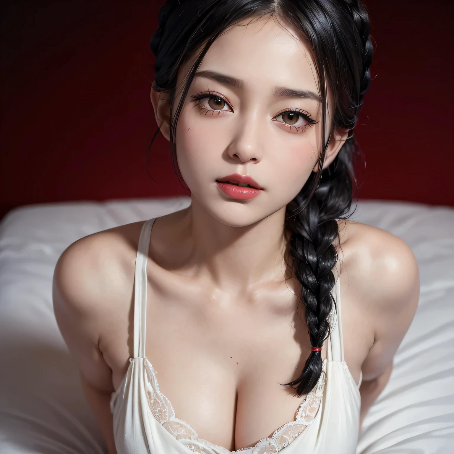 (best quality,ultra-detailed,realistic:1.37),portrait,sexy MILF neighbor,black hair tied in braid, seductive gaze,red lips parted in a blush,intense emotion,long neck, bare shoulders,medium chest with cleavage,sexually aroused expression on a bed in a bedroom