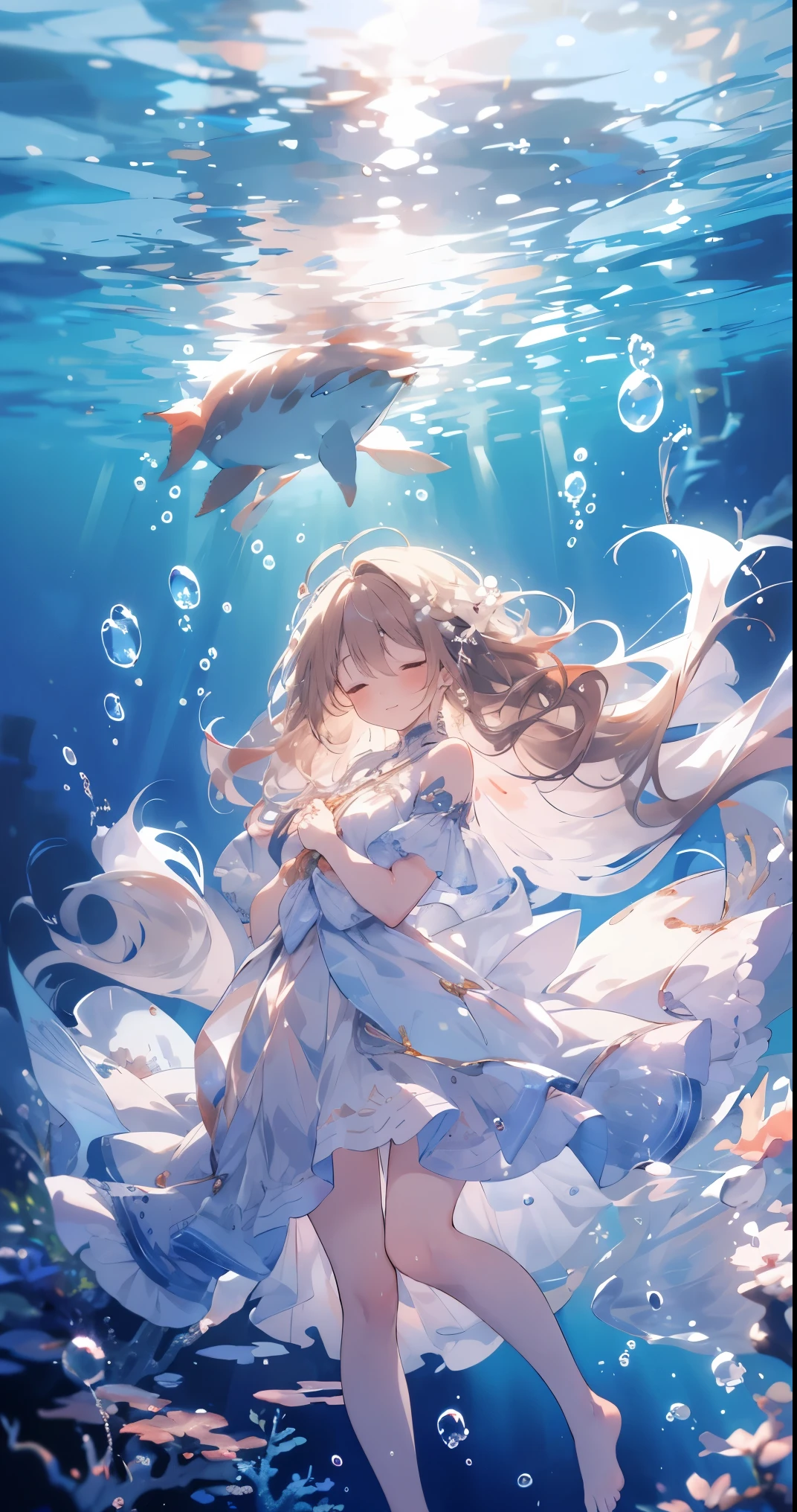 an artwork of a woman in white skirt and flowing white hair under water, 1 Girl, skirt, Underwater, Solitary, long hair, Close your eyes, brown hair, air bubble, barefoot, bubble