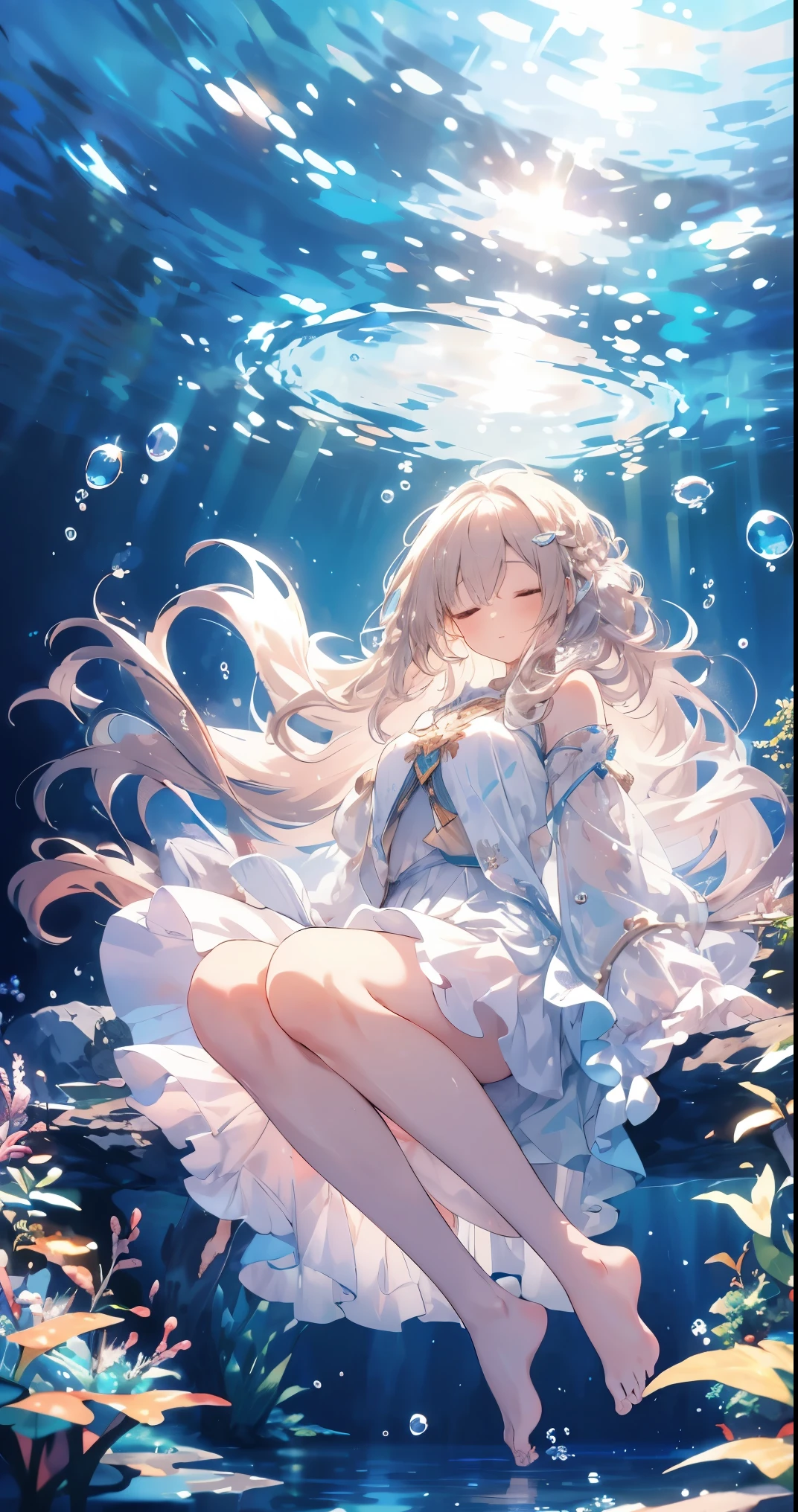 an artwork of a woman in white skirt and flowing white hair under water, 1 Girl, skirt, Underwater, Solitary, long hair, Close your eyes, brown hair, air bubble, barefoot, bubble