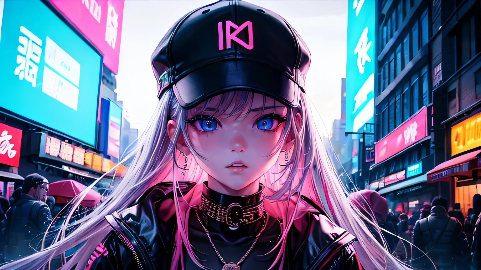 City of night、Girl、Hip Hop Fashion、(Super Detail)、(8k)、((Modern Hip Hop))、(Neon Light)、(Esbian all over)、(Highly detailed face)、(Cold Face)、