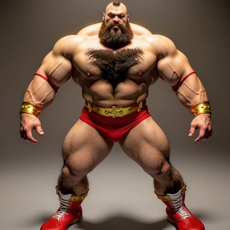 zangief,a man with a beard and a golden belt, fighting game character, street fighter 5,muscled humanoid,heavy looking,buff man,wrestler,Red short briefs,capcom,street fighter,shirtless,muscular male,chest hair,visually weighty,bearded man,mohawk hair,no wristband,Red Wrestling Boots,best quality