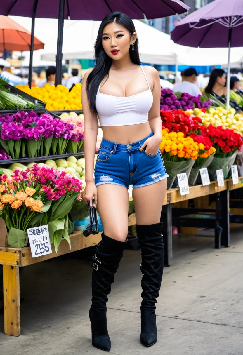 busty 25 year old asian wearing a white bikini top, tight blue jean shorts, black thigh boots, high heels, streetside flower market