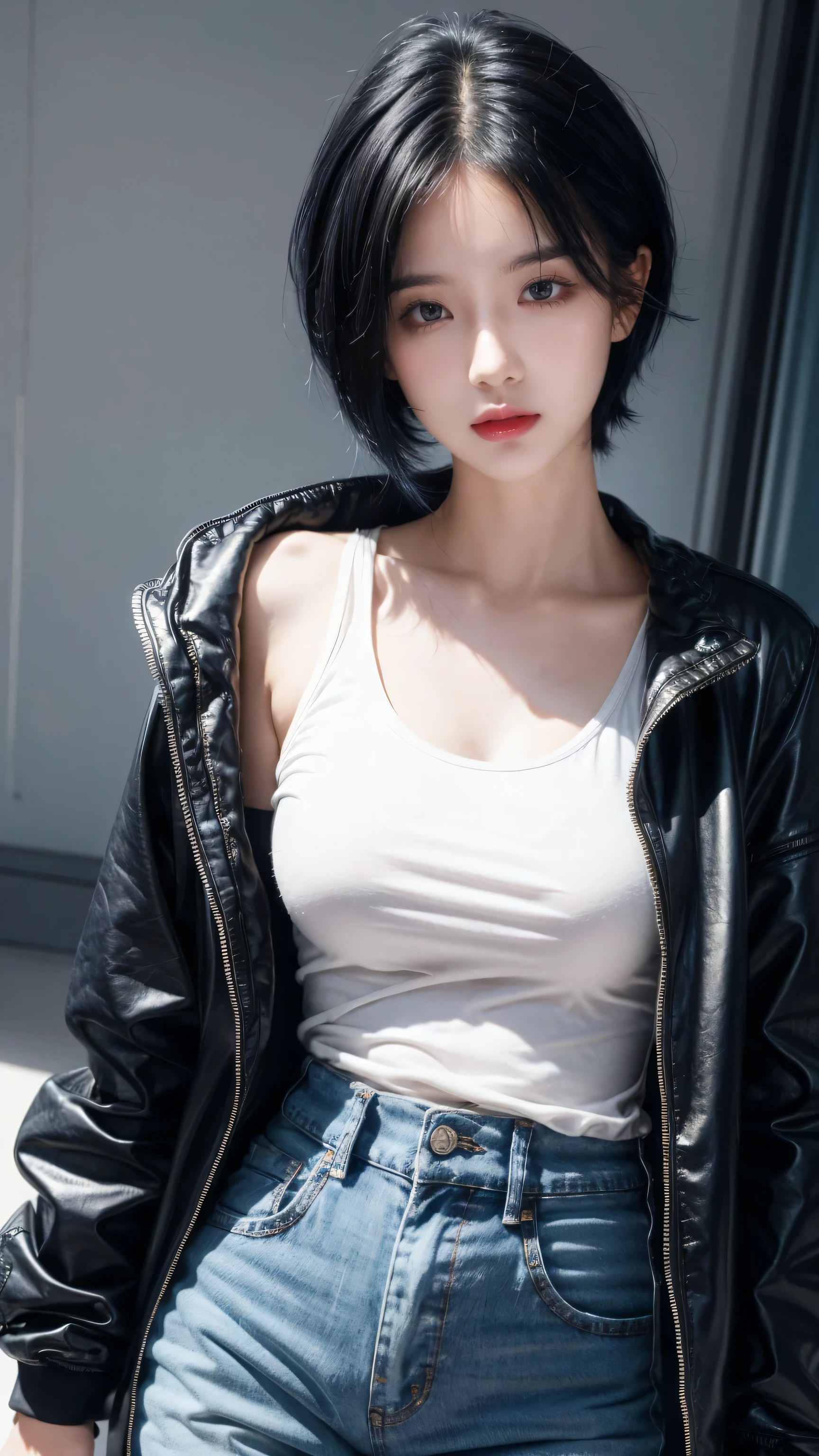 best quality, 1 Girl, dark blue hair, black eyes, Very short hair, Spiky hair, t-shirt, top jacket , High waist jeans, 171 cm, Messy hair, Hair between the eyes, Medium breasts, full, Tomboy, aldult, 20 years old, 1 Girl