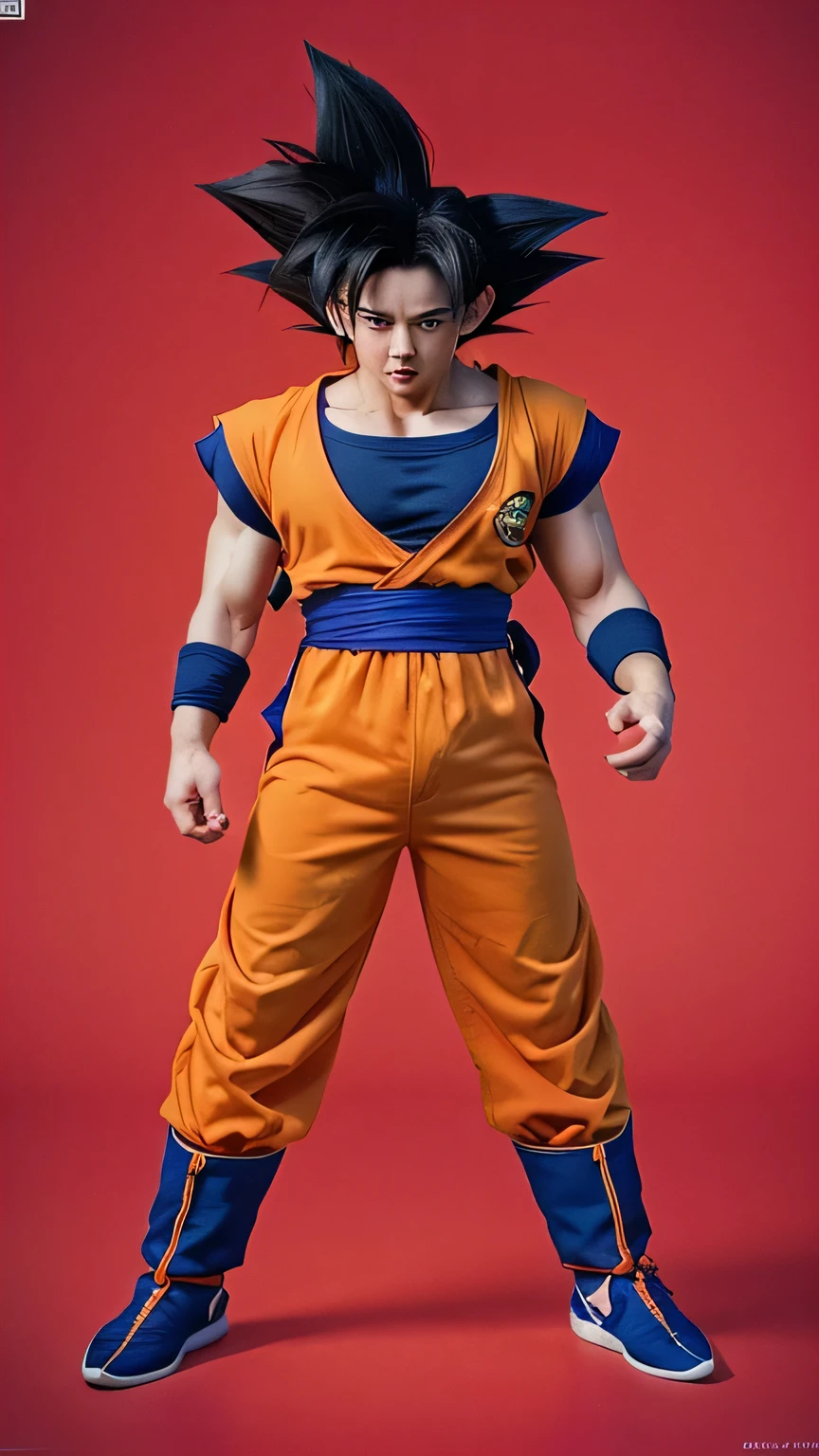 Create a photorealistic image of Goku from Dragon Ball Z. Make sure the depiction is ultra-realistic and lifelike. Goku should be in his iconic orange uniform, standing against a red background.