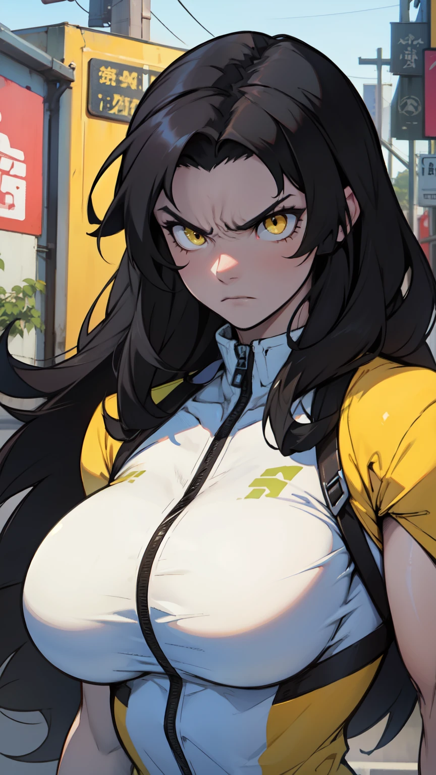 athletic build massive breasts pale skin black hair yellow eyes angry long hair