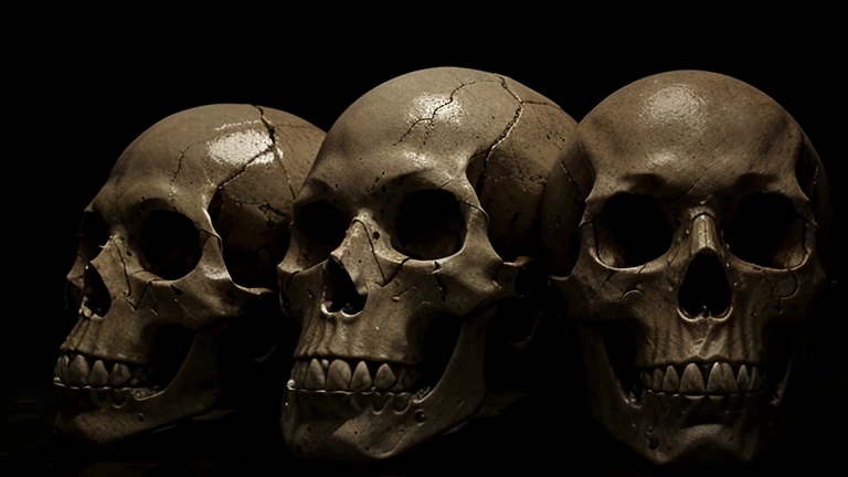 Human skulls piled up, skulls in different angles, sombras profundas, mystery, suspense