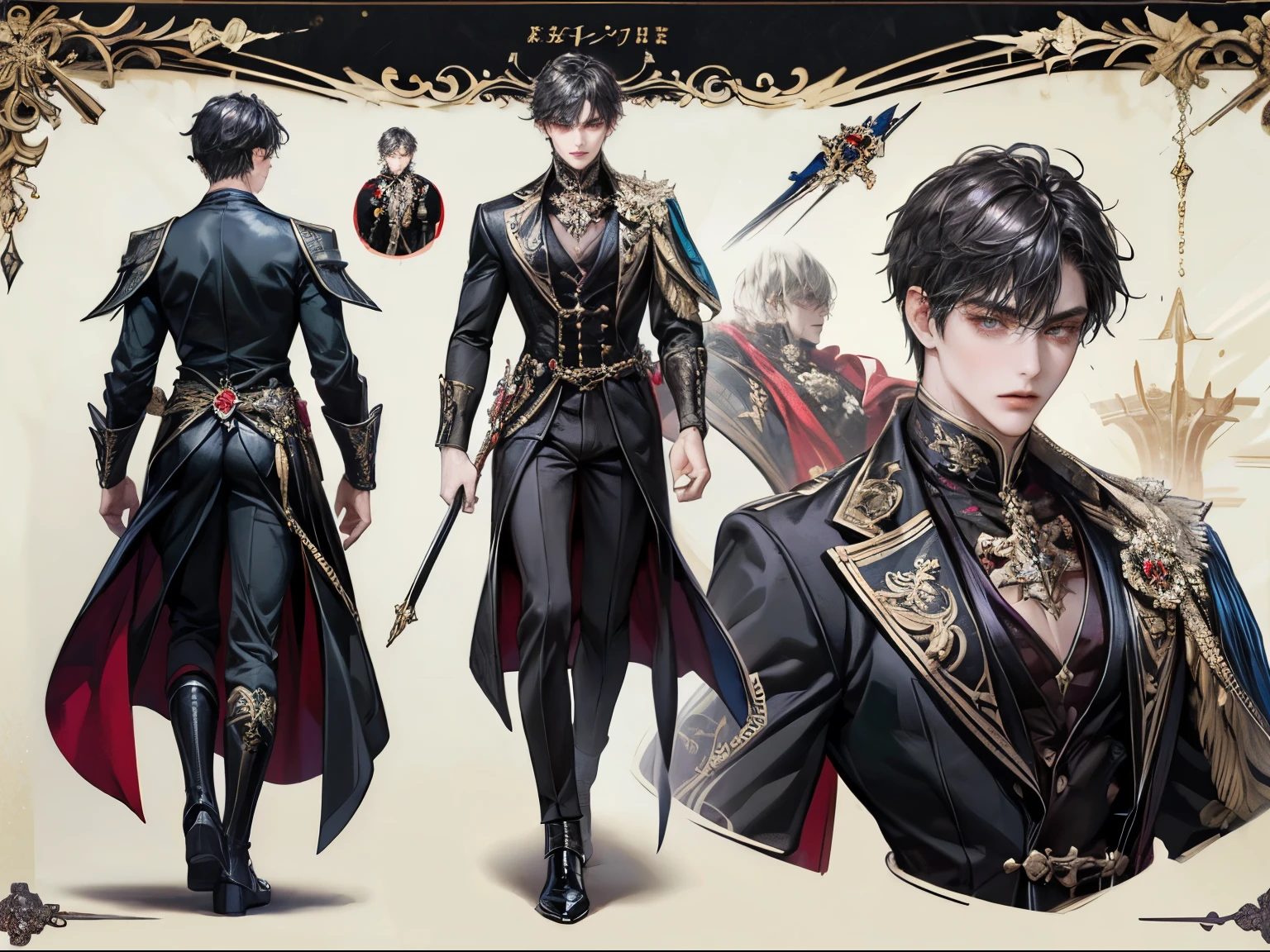 ((Masterpiece, Highest quality)), Male, boy, Detailed face, character design sheet， full bodyesbian, Full of details, frontal body view, back body view, Highly detailed, Depth, Many parts, Muscle boy with black long hair，handsome man, vampire outfit clothes, Genshin Impact, man tall