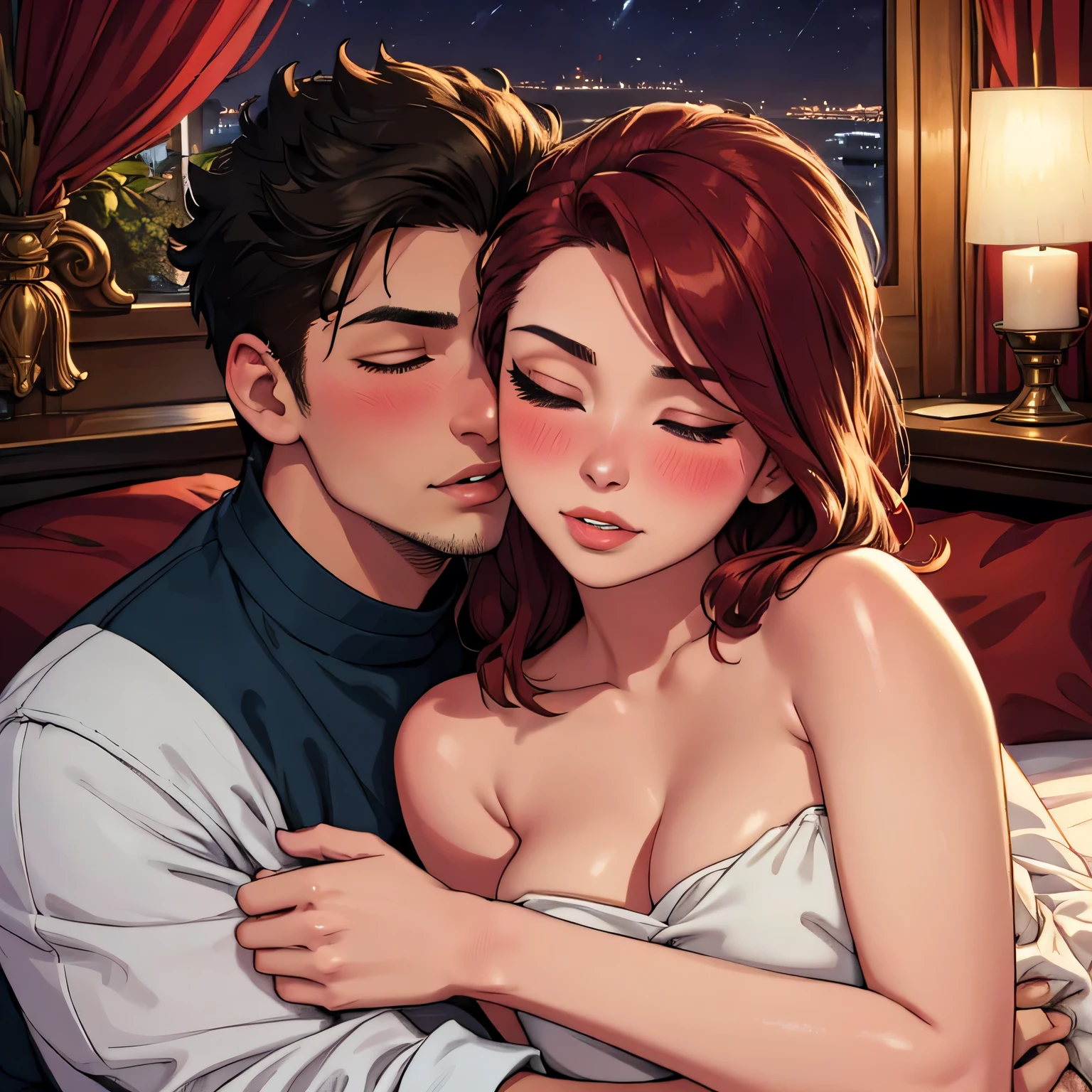 (a high resolution,realistic:1.2),Beautiful,Cute busty sexy mother and teenage son lying in bedroom kissing on lips, wear sexy pink short pajamas,warm color tones