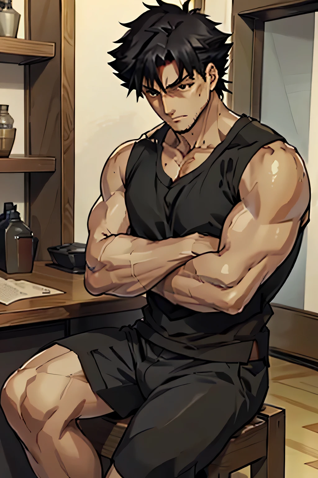 Kiritsugu Emiya is sitting and flexing his leg muscles. He is wearing a black tanktop and black boxershorts. His arms have many huge veins.