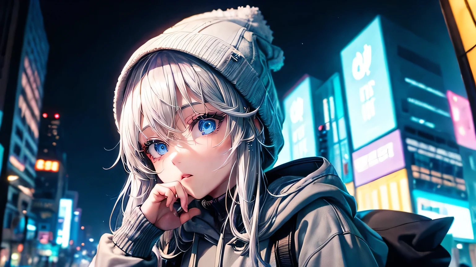 City of night、Girl、Hip Hop Fashion、Grey hoodie、White knit hat、(Super Detail)、(8k)、((Modern Hip Hop))、(Neon Light)、(Esbian all over)、(Highly detailed face)、(Cold Face)、