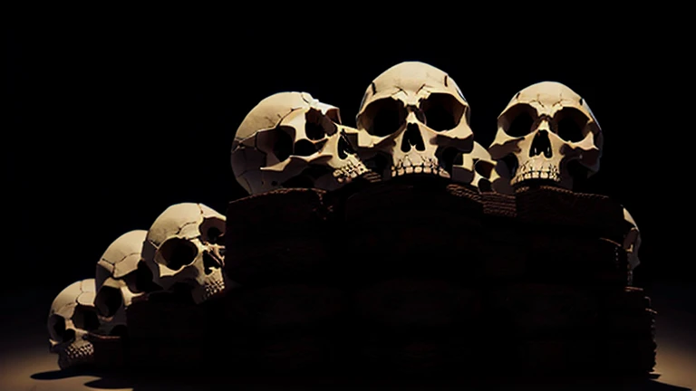 Human skulls piled up, skulls in different angles, sombras profundas, mystery, suspense