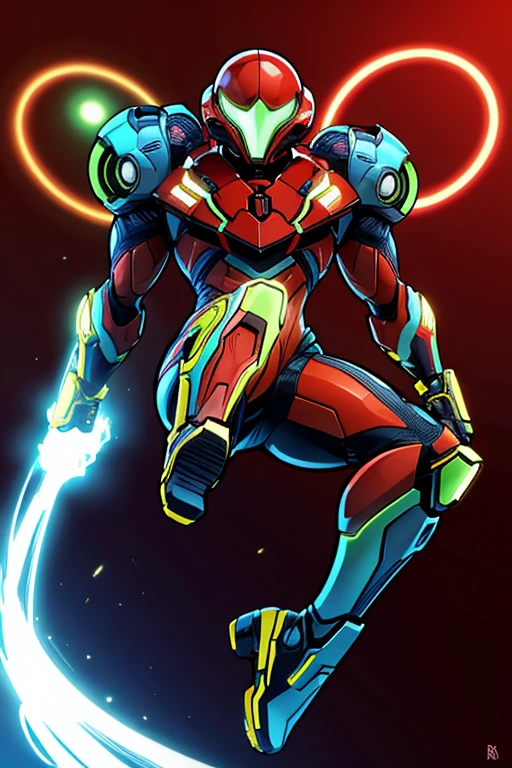 Samus Aran in an energy suit on a red background