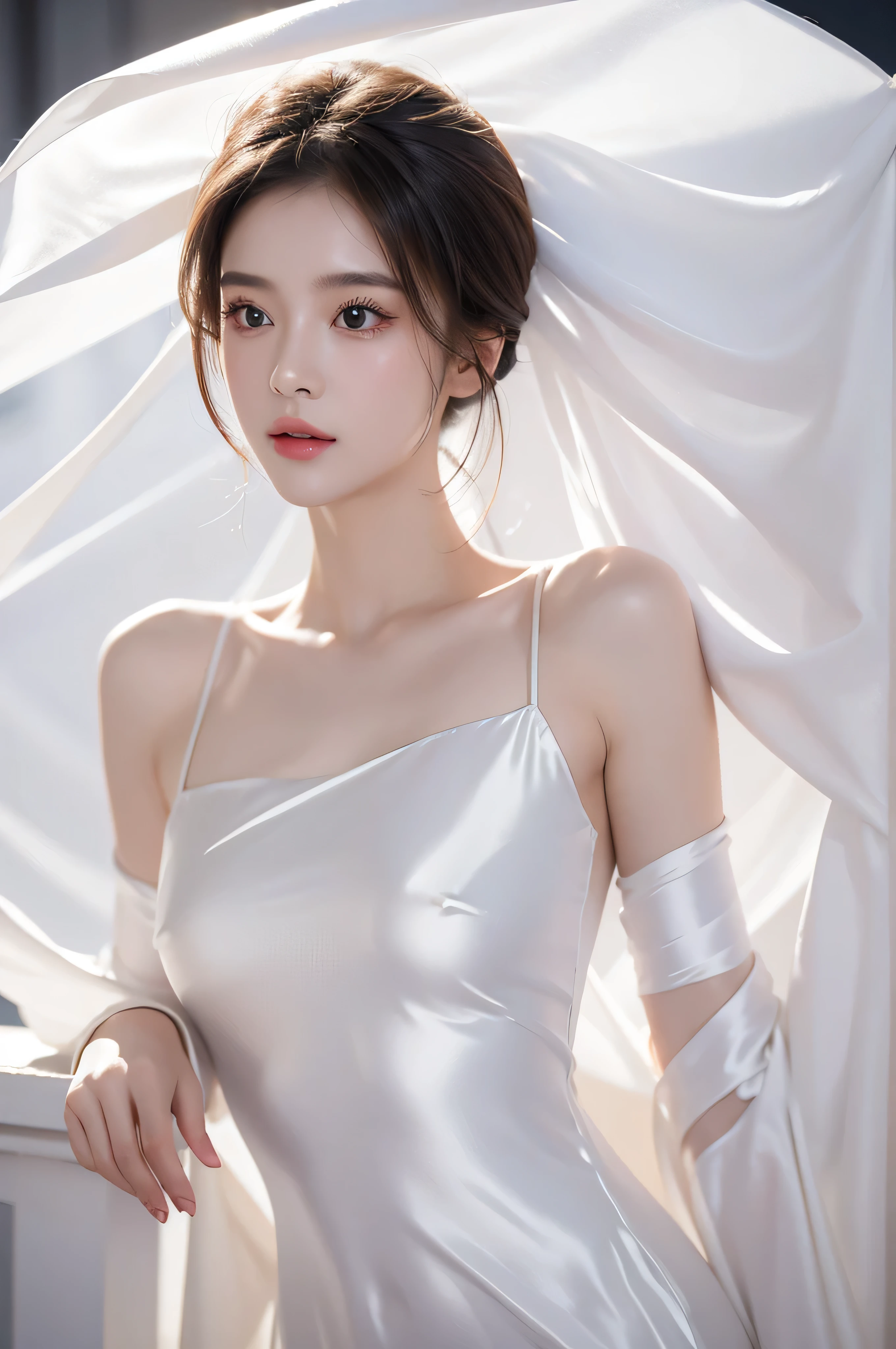 beautiful, masterpiece, best quality, Extremely detailed face,1 girl, Solitary，Light White Silk Dress，whole body