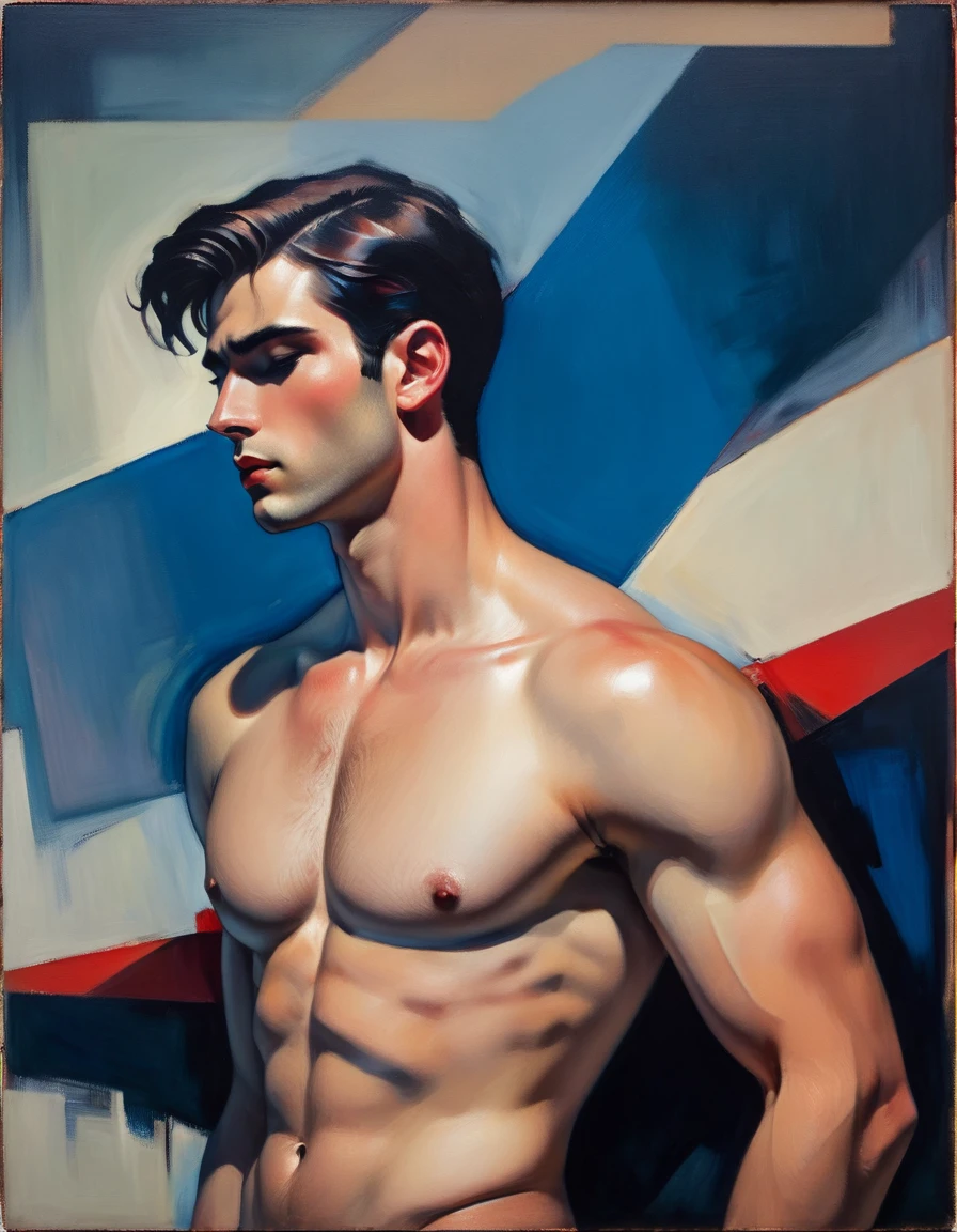chiaroscuro technique on sensual illustration of an arafed man in white underwear, sexy masculine, diego fazio, male model, by Ludovit Fulla, model with attractive body, inspired by Ludovit Fulla, mid-shot of a hunky, the model draped in flowing, thick oil painting by Harumi Hironaka, extremely soft colors, vibrant, highly detailed, malcolm liepke painting, oil on canvas, high contrast, dramatic, refined, tonal, Create high contrast between light and shadow fire around, there is a red circle on a blue and red square, inspired by Bauhaus, in a shapes background, brown red blue, circle forms, red blue, by Leon Polk Smith, memphis abstract minimal art, graphic shapes, minimal art, blue and red, minimal art style, bauhaus art, inspired by El Lissitzky, bold simple shapes