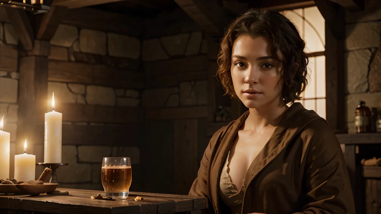 stunningly beautiful adult halfling girl, brunette short curly hair, many freckles, in a fantasy tavern, Tight Brown Robe, Calm, Sweet, Caring, high cheekbone, Elden Ring, full body portrait, sharp lens, professional photography, 70mm lens, detail love, good quality, Unreal Engine 5, wallpaper, colourful, highly detailed, 8k, soft light, photo realistic