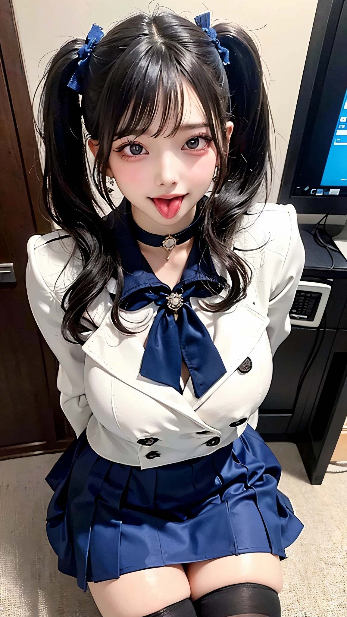 Shot alone)、(thighs thighs thighs thighs:1.5),((((-yeld beiful girl))))Perfect Style、an anime girl、beautiful anime woman、Anime girl cosplay、Adorable anime girl、Beautiful anime girl、beautifull asian girl ever、Perfect girl、goddess of Japan 、Surreal anime、best qualtiy、masterpiece、illustratio、extremely delicate and beautiful、ighly detailed、 nffsw, 8k wallpaper, magnifica, Attention to detail, masterpiece, top-quality, art by, AJC 8k wallpapers are very detailed, huge filesize, ultra-detailliert, hight resolution, The ultra -The high-definition, ighly detailed, beautiful girl details, Eyes and face very detailed, beatiful detailed eyes, (Raw photography、top-quality), (realisitic, photorealisim:1.3),, Light on the Face, (Twintails with black hair: 1.3), chubby breasts, Loose beautiful hair、(Swollen eyes)、(K-pop idols))、(enticing)、bangss、(Seduction poses)))、Dark eyeliner、long eyeslashes、erotick、fringe、small earring、Small necklace、((Face showing teeth and smiling))、,(black thighhighs:1.4),(((dark blue pleatedskirt)))、(Sweaty white skin)、appealing breasts、fascinating butt、seductiv、sexual、It's wet、Very clean skin、long and beautiful legs、(Photorealsitic: 1.4), Nice detailed eyes, heavy eye makeup,(Show your legs)、(looking through legs),((Solo / Solo Focus)),beauty legs,(17 age),(((High School Girl Beautiful Girl)))、wide-hipassive chest:1.5))),((((Disproportionate big)))),(huge-breasted:1.7),(Small face:1.5),(ahegao:1.5),(Eyes roll back:1.5),(put out the tongue:1.5)、highest quality、8k、32k、masterpiece、Hmph:1.2)、One Girl、Long Hair Girl、Beautiful Japanese Women、Black-haired、Heavy bangs、Long sleeve shirt、Hair length、Fluffy white sweater、Accentuate your breasts、D Cup,choker、(((Big Breasts))), Bright red eyeliner、