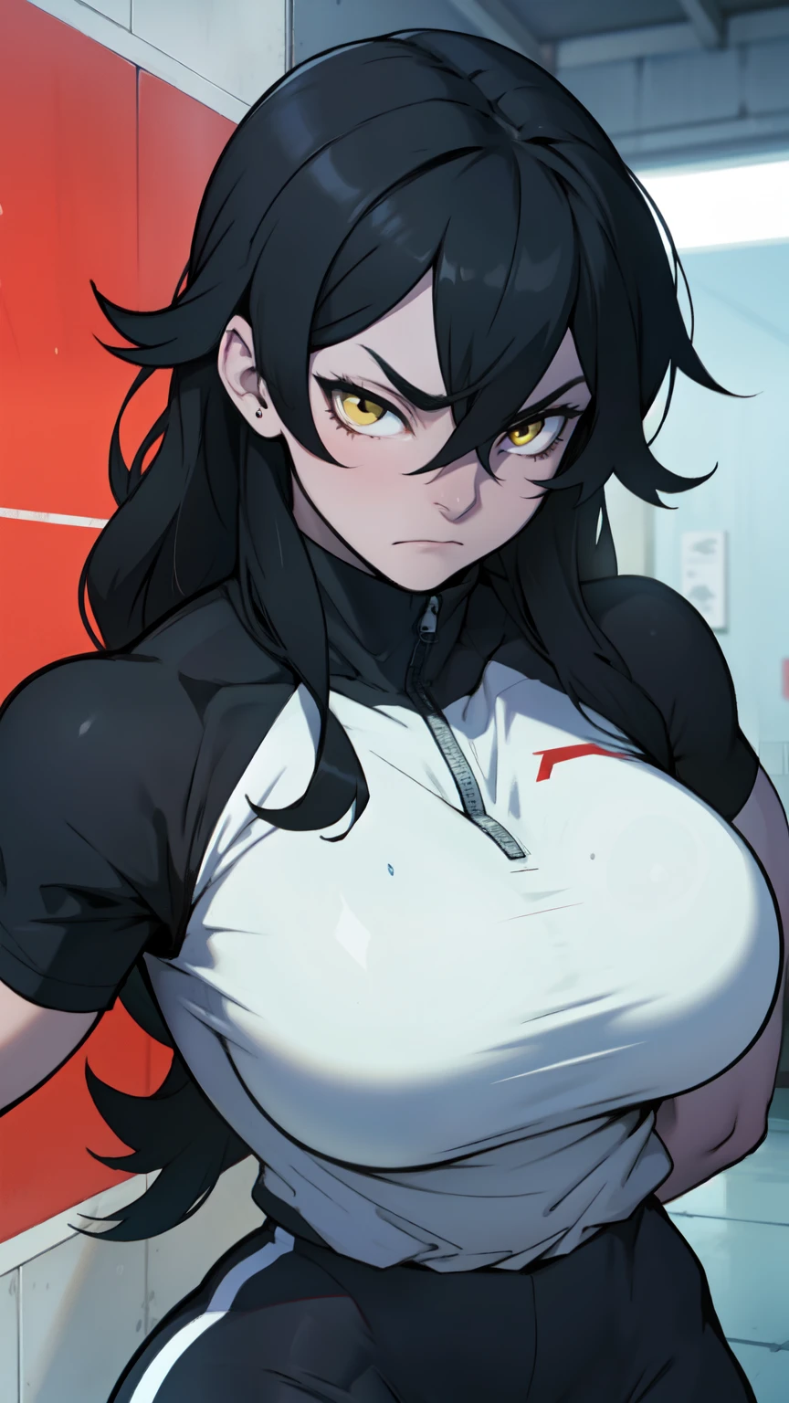 athletic build massive breasts pale skin black hair yellow eyes frown long hair
