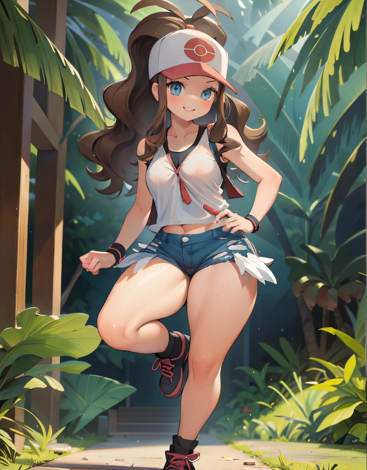 (best quality, highres, masterpiece:1.2), ultra-detailed, realistic:1.37, sketches, hilda pokemon, def1, detailed eyes, beautiful eyes, age girl, full body, curvy, visible thighs, chubby thighs, thick thighs, thighs in the foreground, body shape, in some Mayan ruins, tropical setting, lost civilization, tocando su cuerpo, curious look, pokeballs, smile, encanto femenino, downblouse, nsfw
