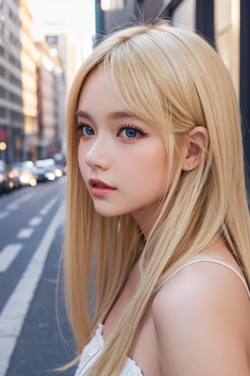 one girl, close up, cute pose, blonde hair, flowy blonde hair, doll makeup, fine face, plump lips, soft, professional lighting, city background, daylight, shoulder view, 8k, good quality