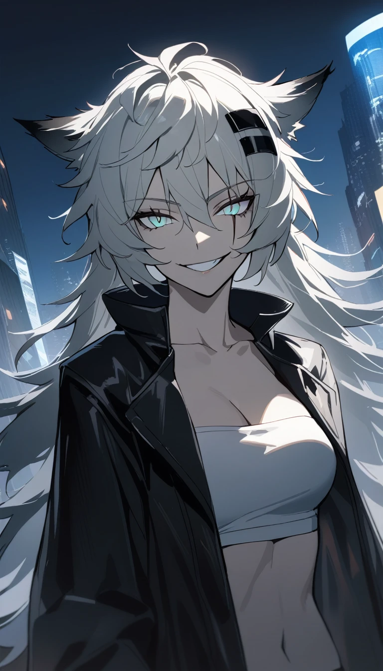 1girl, lappland\(arknights), arknights, upper body, grey hair, long hair, scar across eye, smirk, open coat, tube top, cinematic angle, night city, masterpiece, best quality